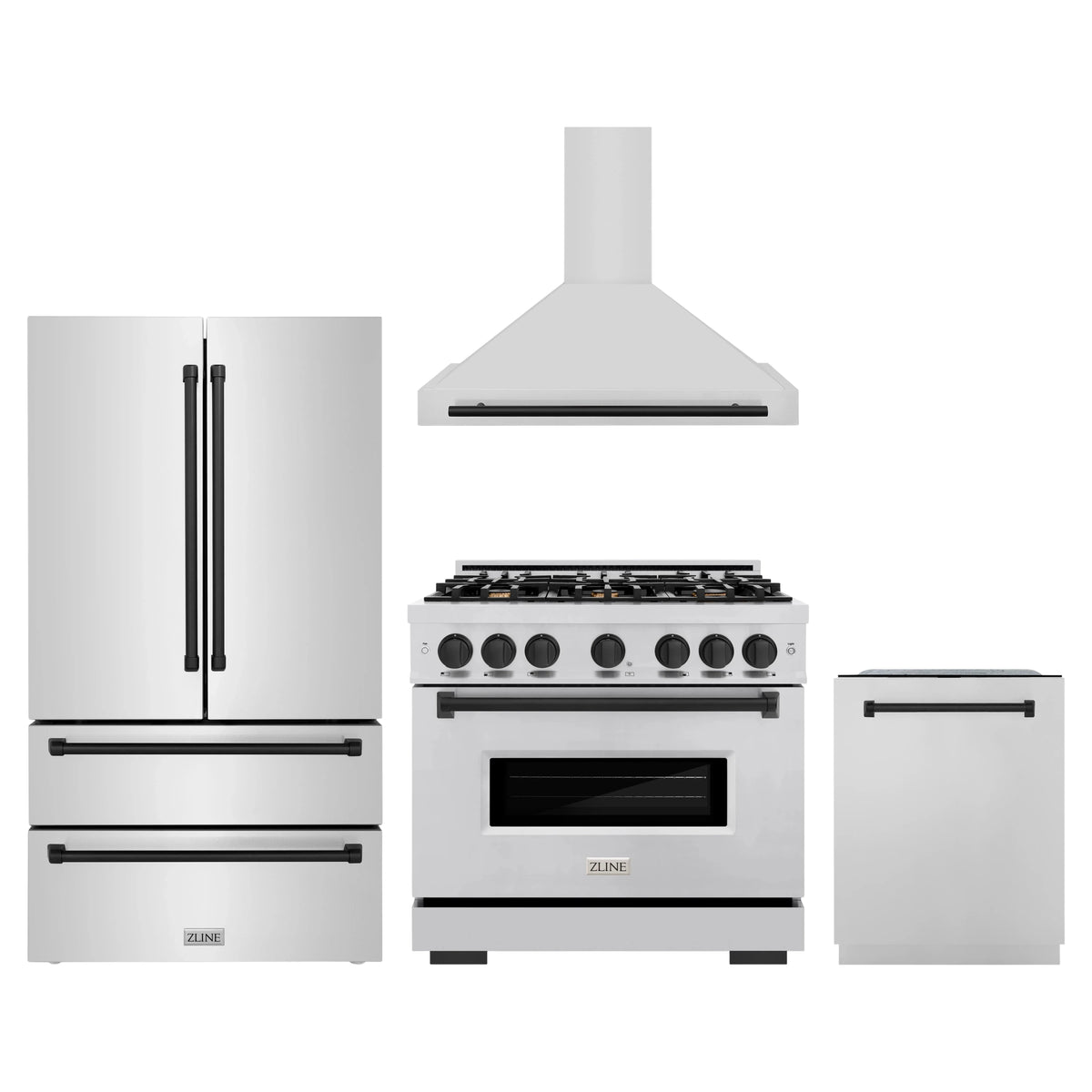ZLINE 4-Piece Appliance Package - 36-Inch Gas Range, Hood, Refrigerator, and Dishwasher in Stainless Steel with Matte Black Accents
