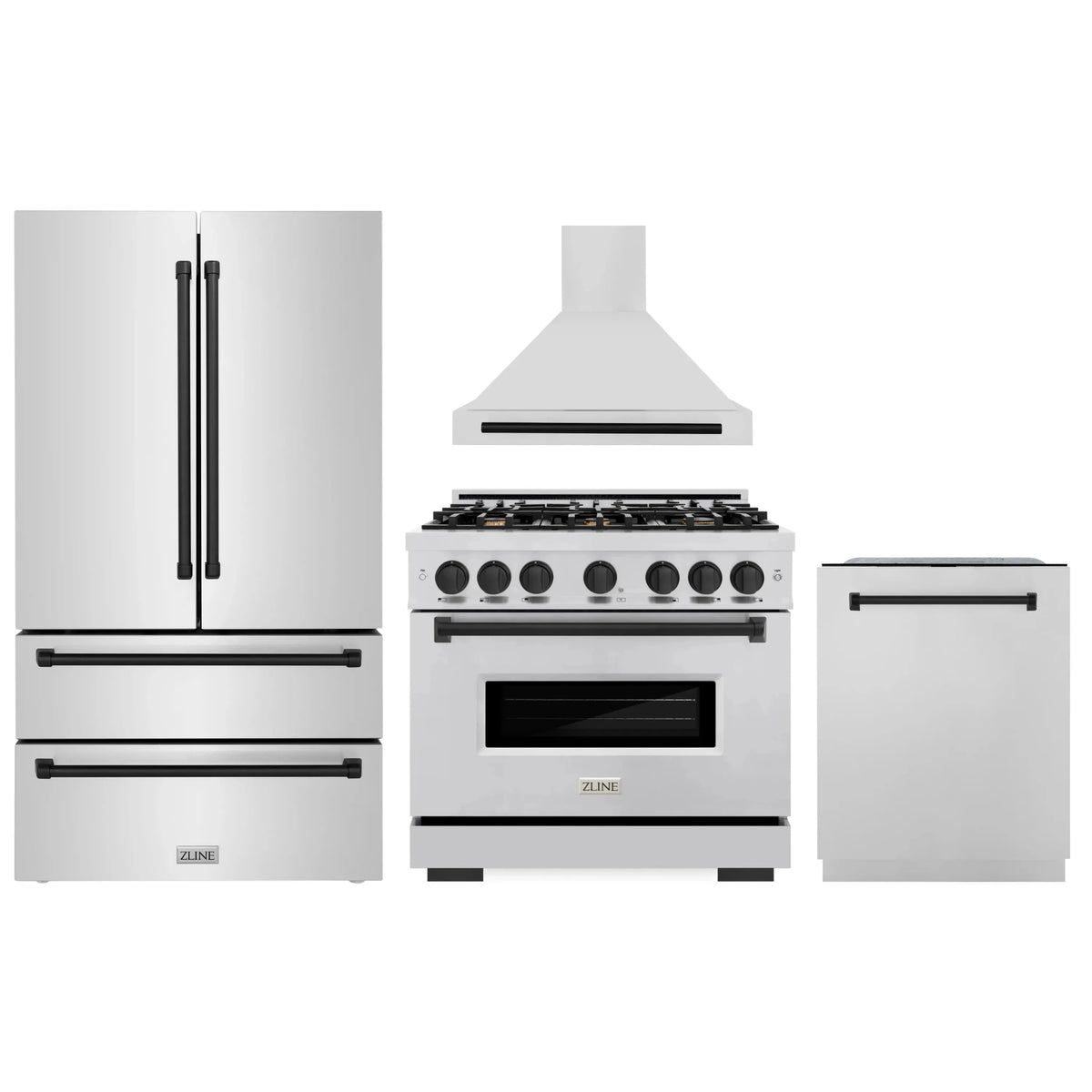 ZLINE 4-Piece Appliance Package - 36-Inch Gas Range, Hood, Refrigerator, and Dishwasher in Stainless Steel with Matte Black Accents
