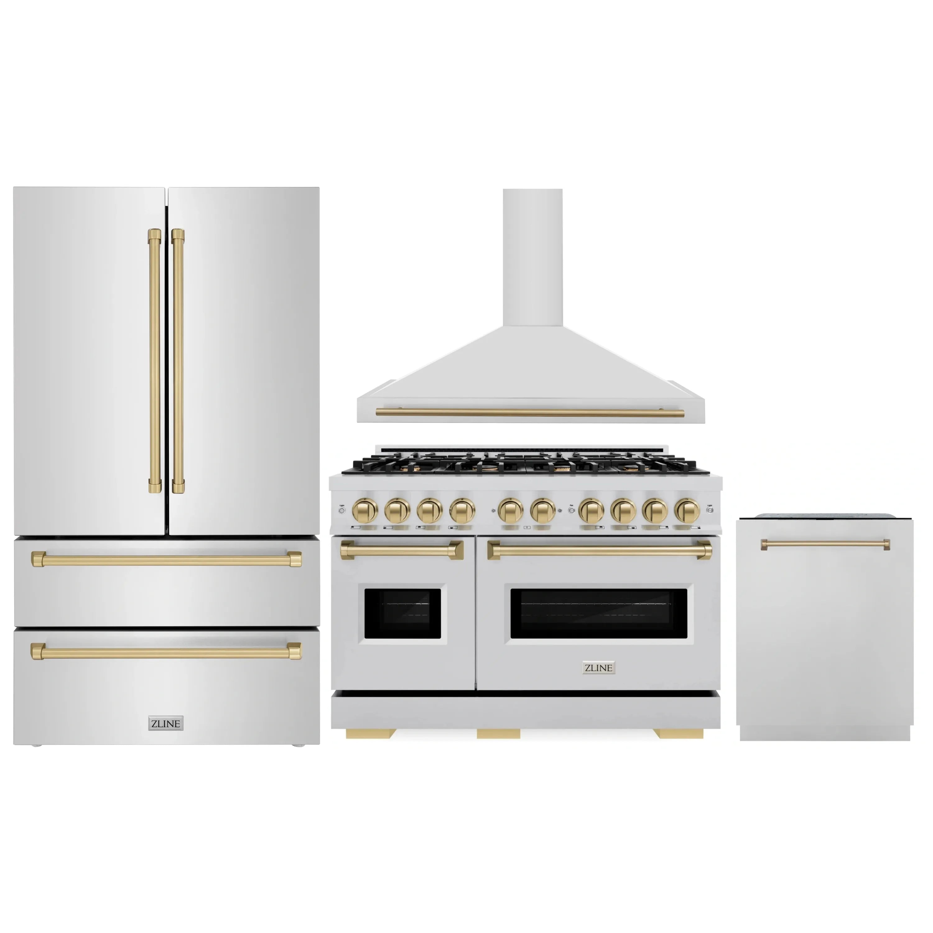 ZLINE kitchen appliance set with gas range, refrigerator, and dishwasher in stainless