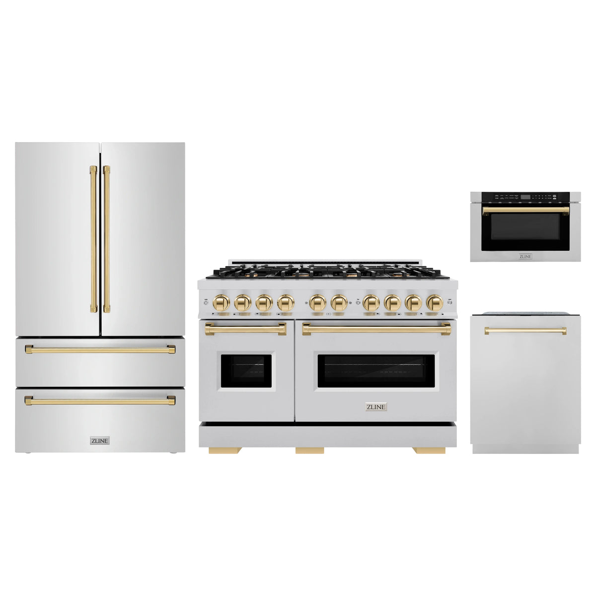 ZLINE 4-Piece Appliance Package - 48-Inch Classic Gas Range, Refrigerator, Dishwasher, and 24-Inch Microwave Drawer in Stainless Steel with Gold Accents