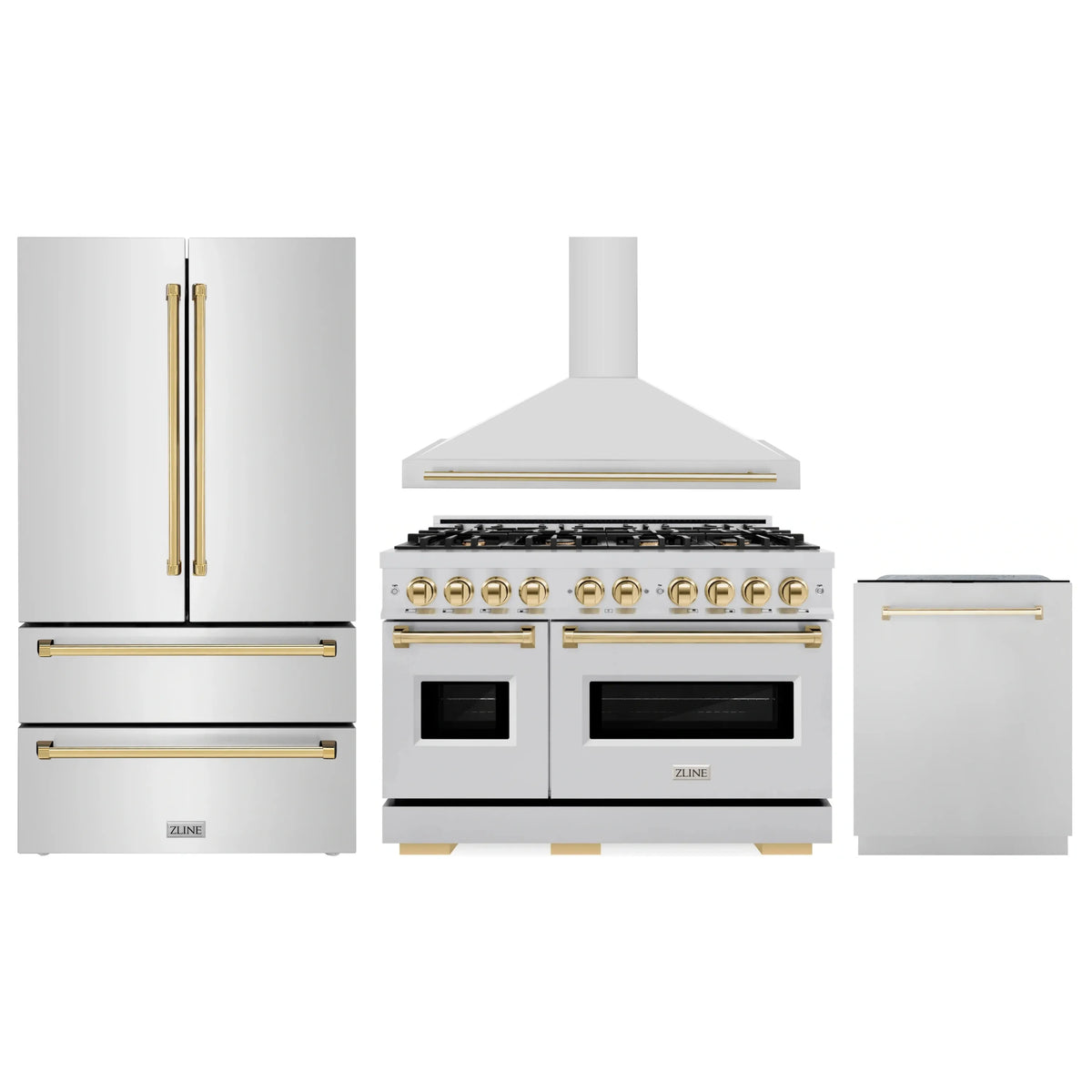 Appliance package: white range hood, gas range, refrigerator, and dishwasher with gold accents
