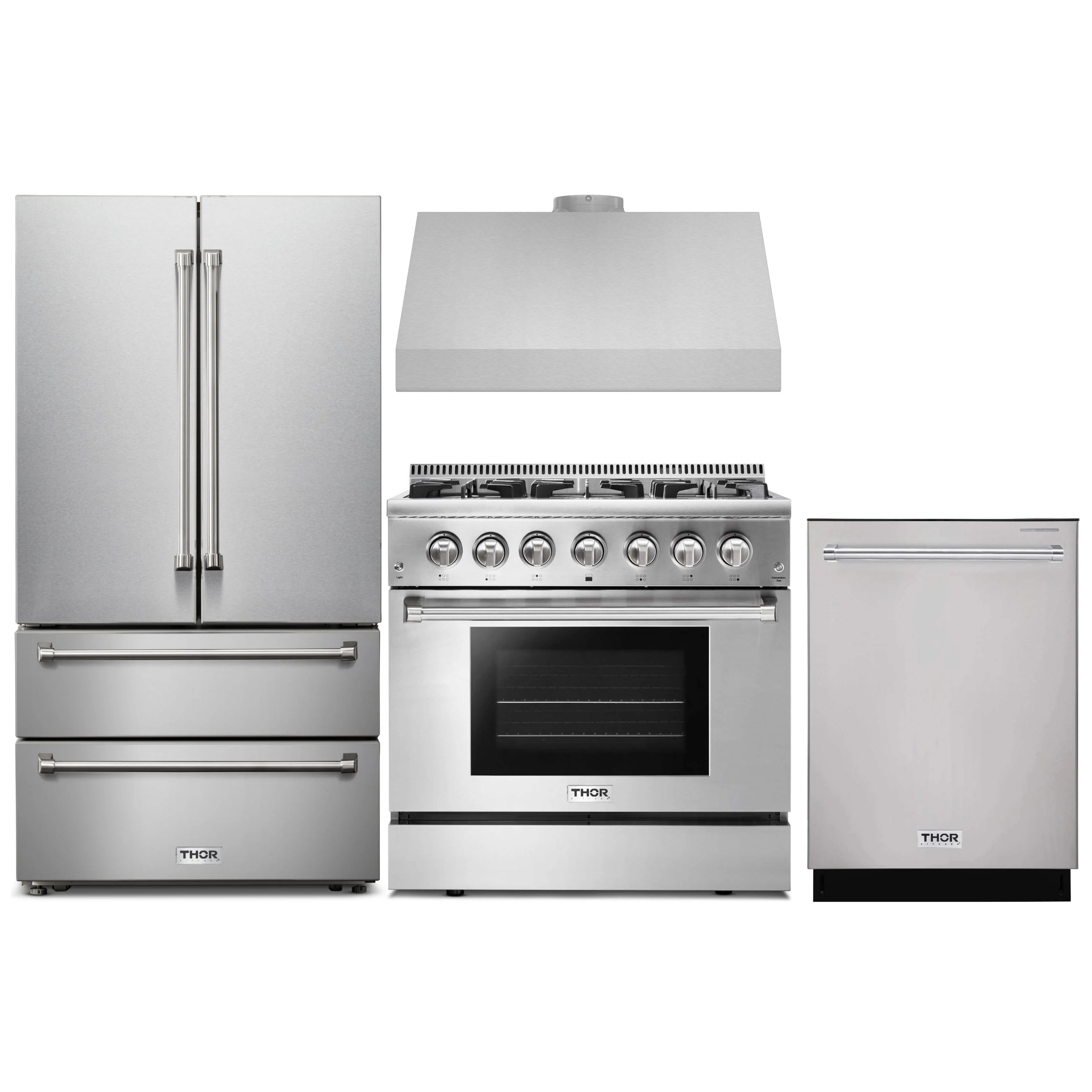 Stainless appliance set: French door refrigerator, dual fuel range, dishwasher, and hood
