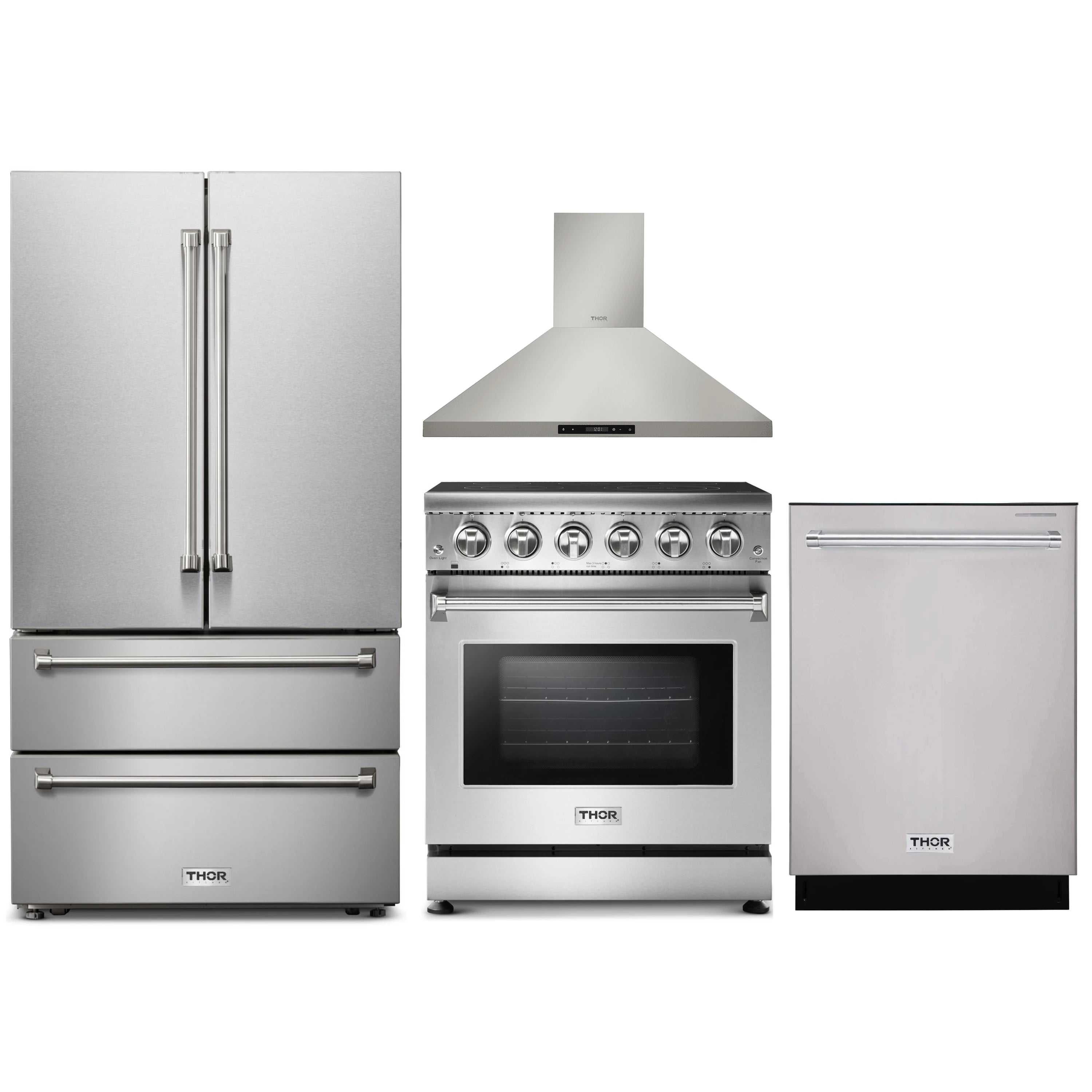 Stainless steel appliance package with refrigerator, electric range, wall hood, and dishwasher