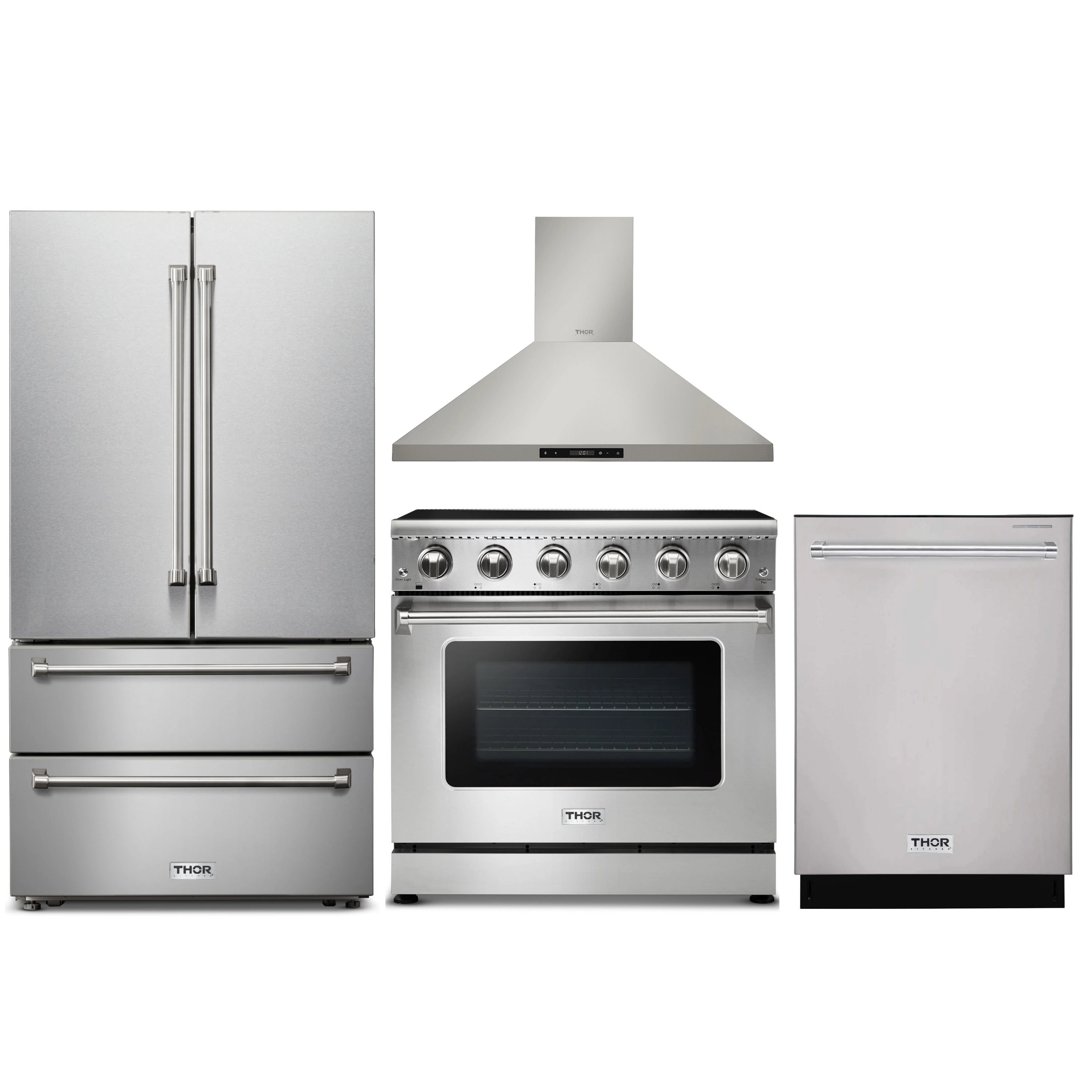 Stainless steel 4-piece appliance set: French door refrigerator, range, hood, dishwasher