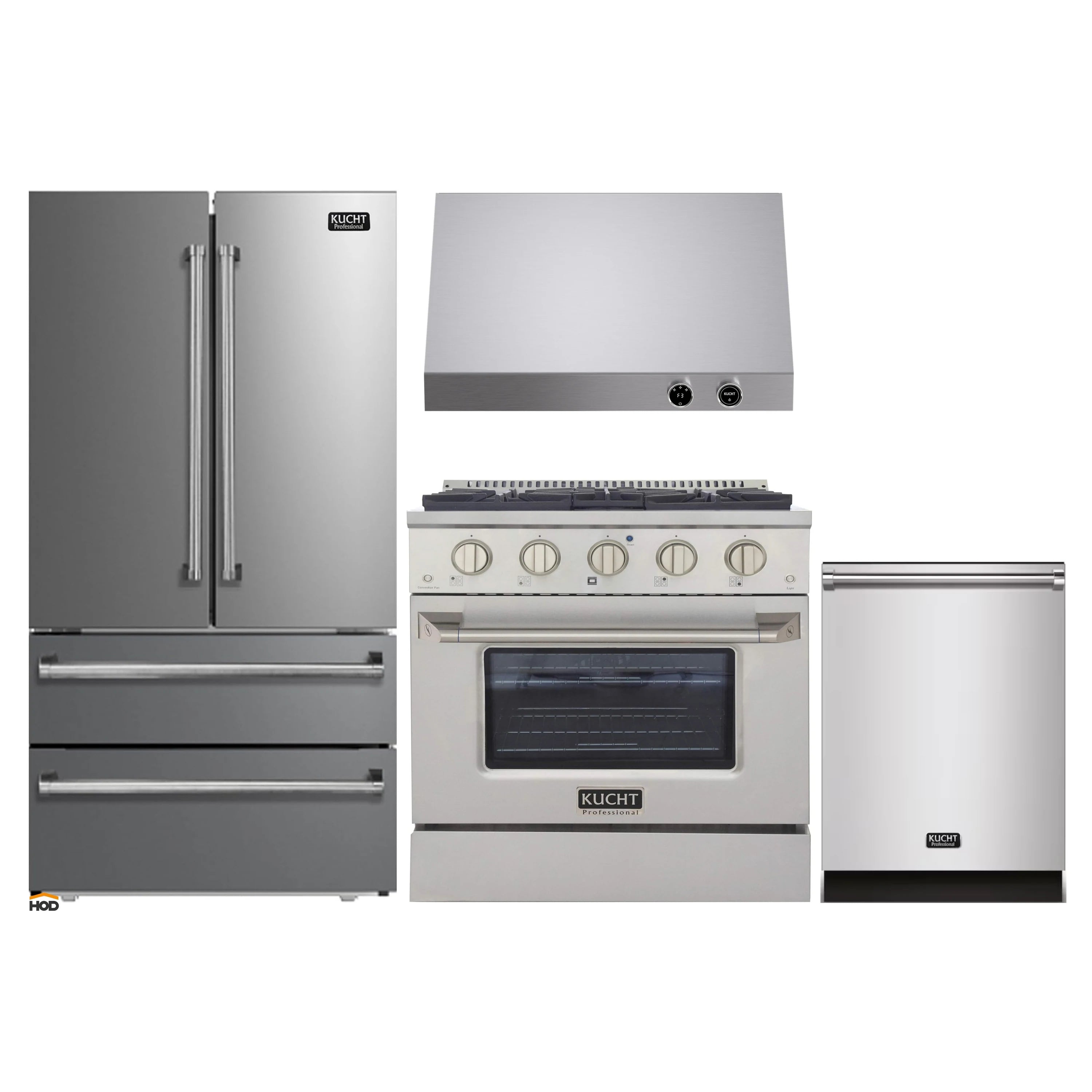 Kucht appliance package showing stainless steel refrigerator, range, dishwasher and hood