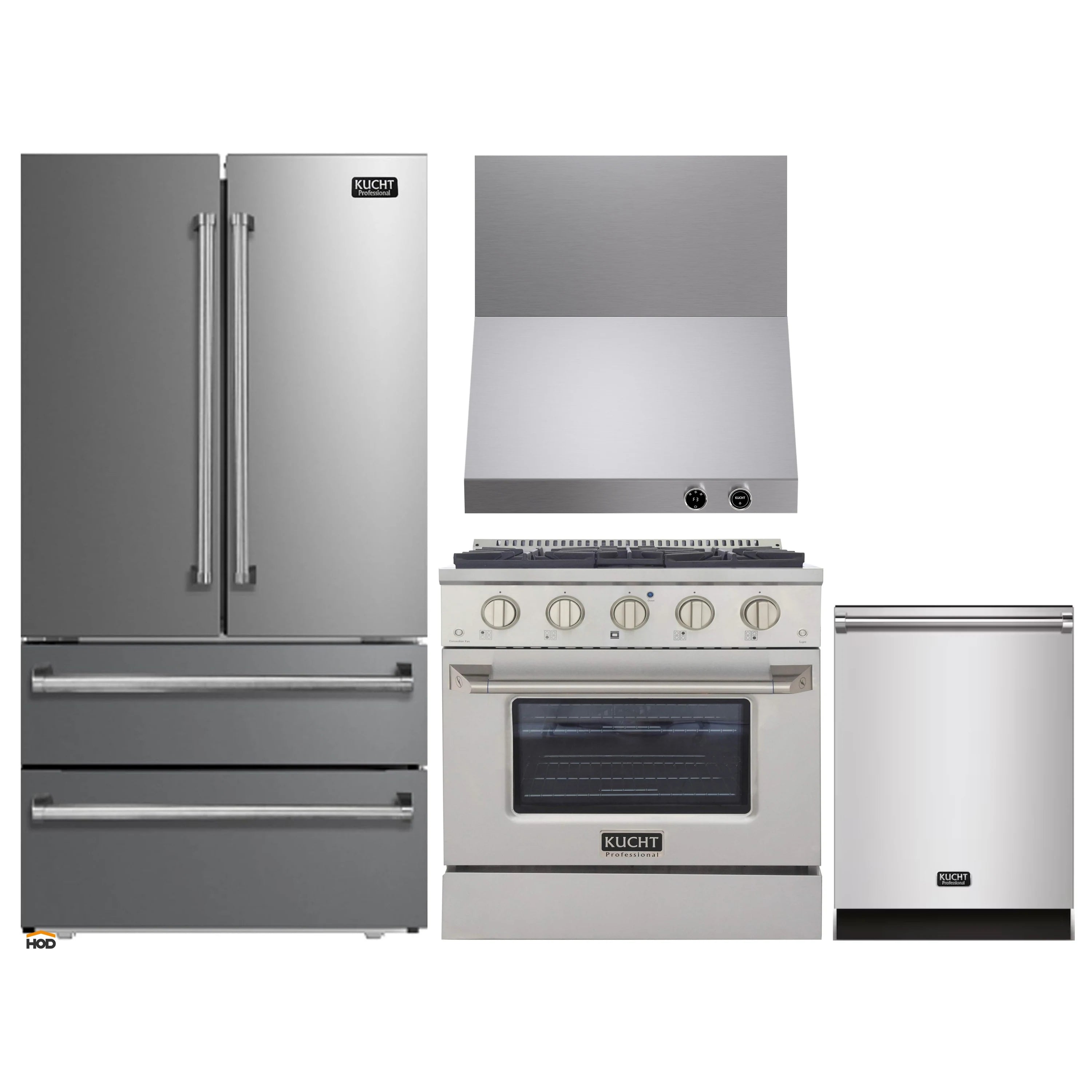 Stainless steel appliance set: refrigerator, range, hood, and dishwasher