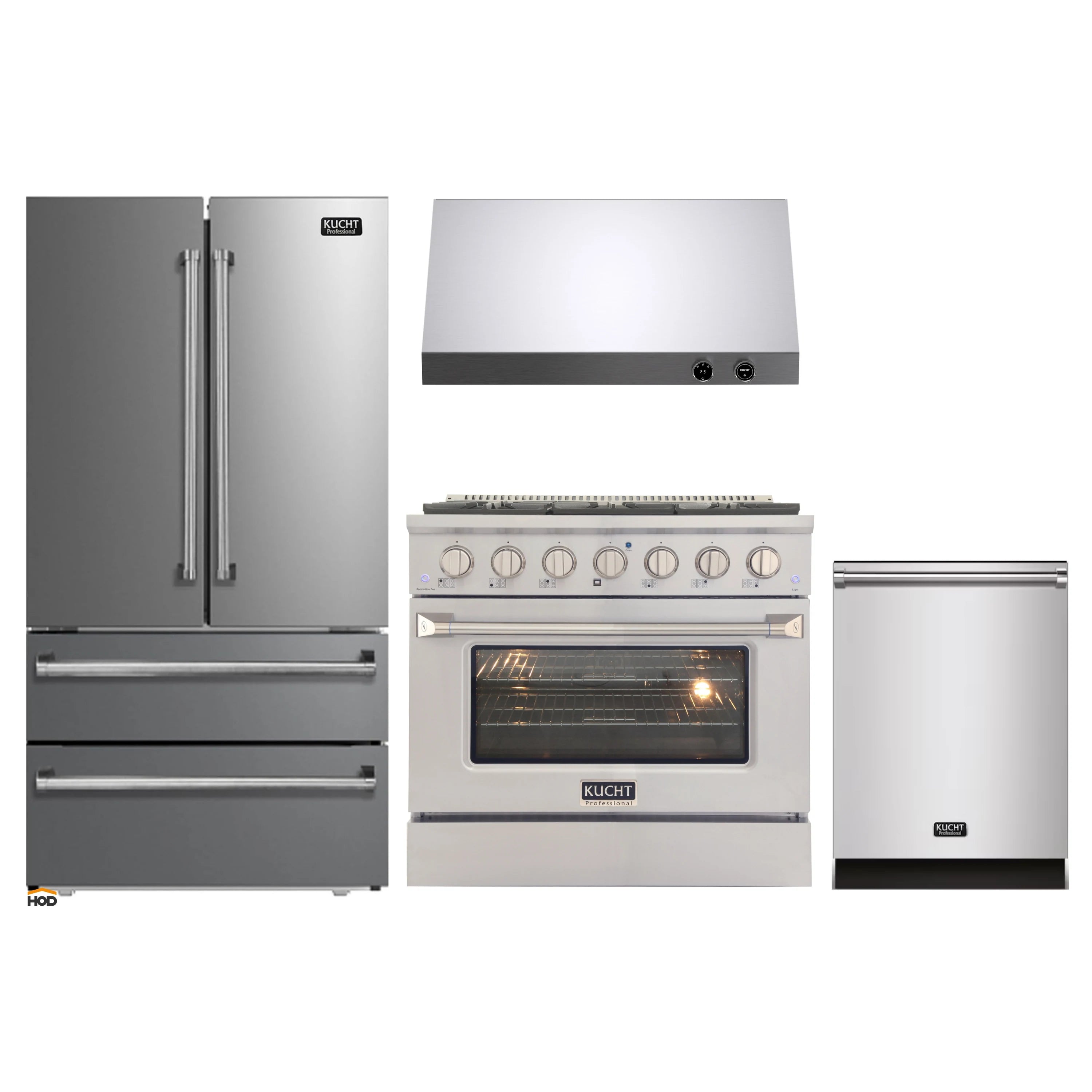 Stainless steel Kucht 4-piece appliance set with range, refrigerator, dishwasher, hood