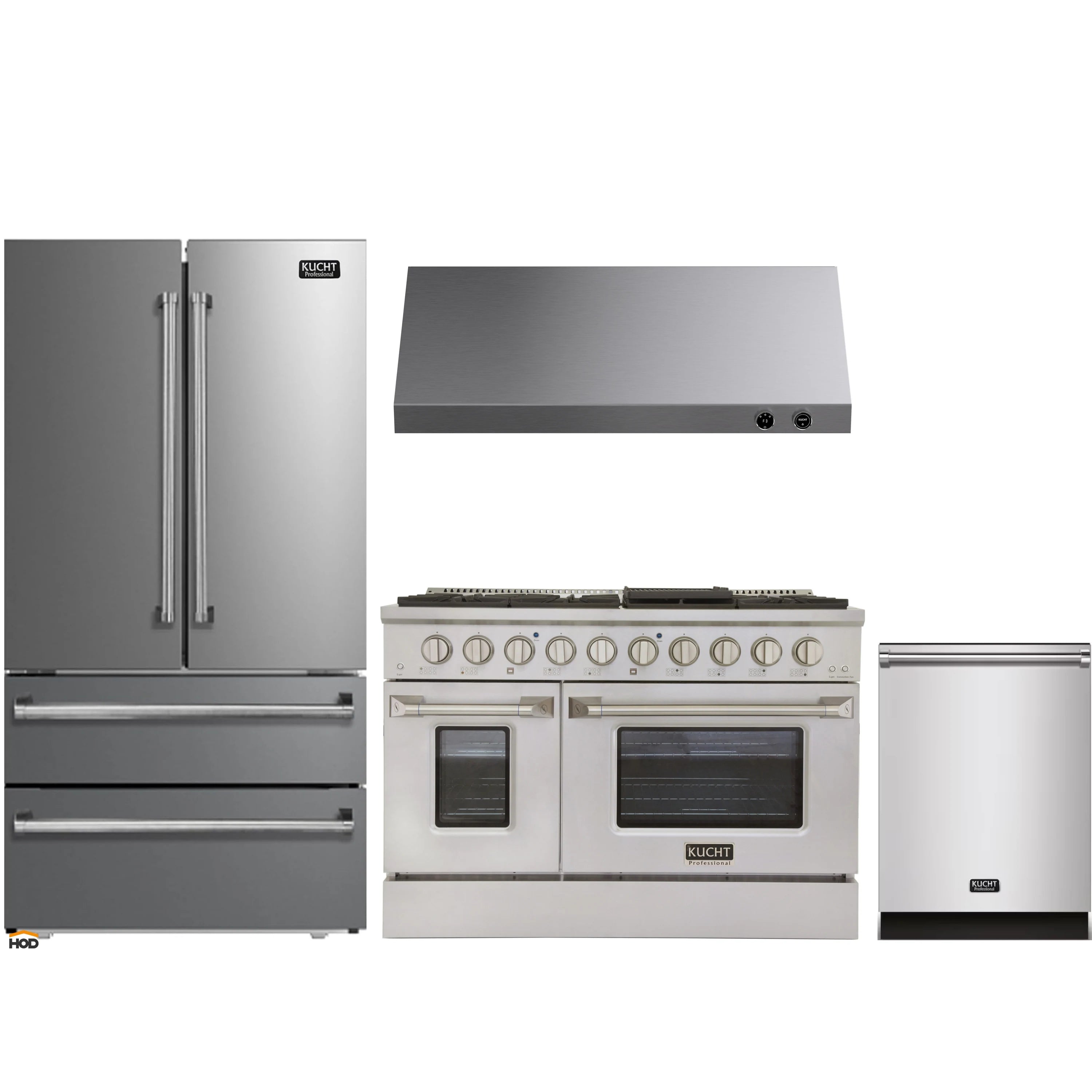 Stainless steel kitchen appliance package with refrigerator, dual-fuel range, hood, dishwasher