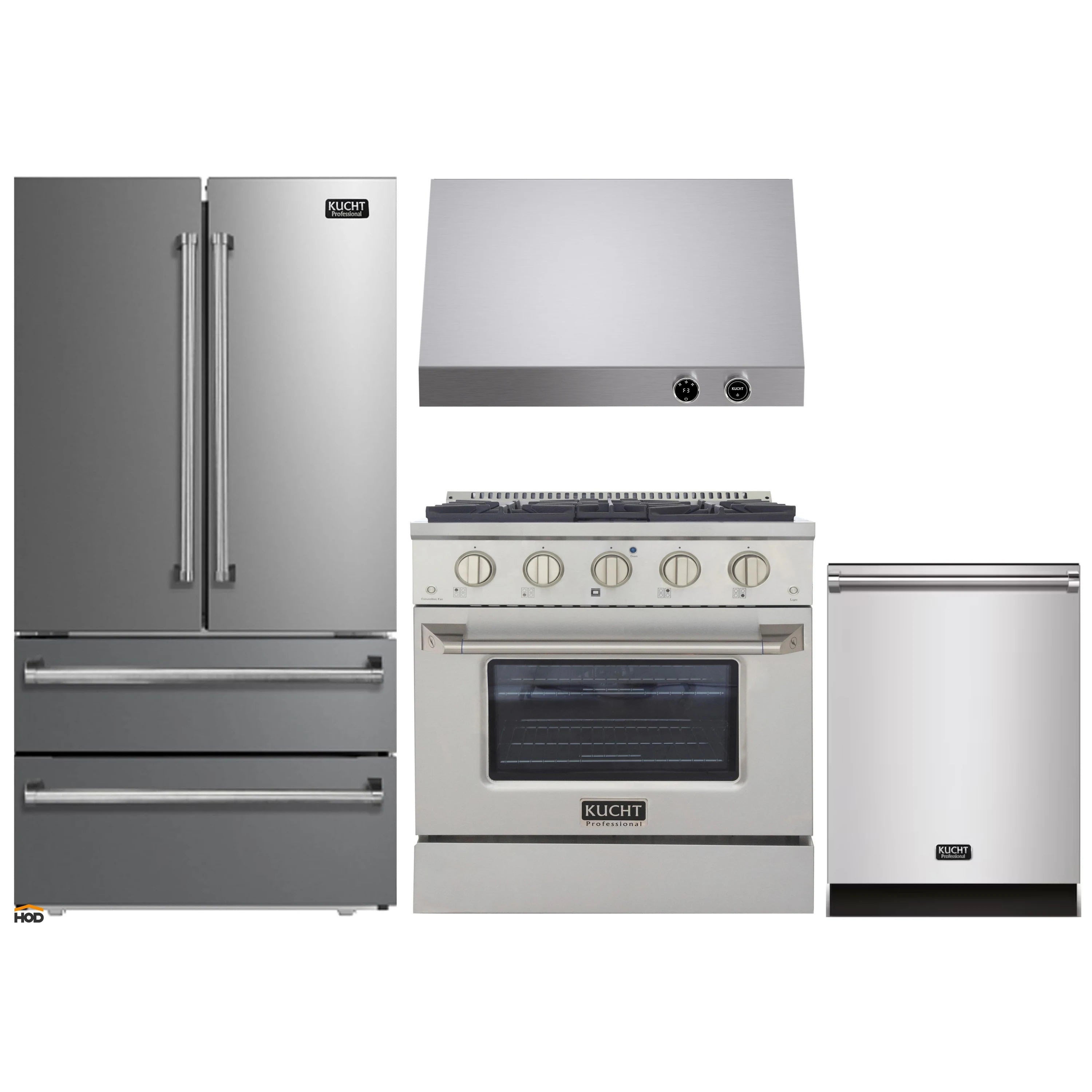 Stainless steel appliance package: refrigerator, gas range, and hood