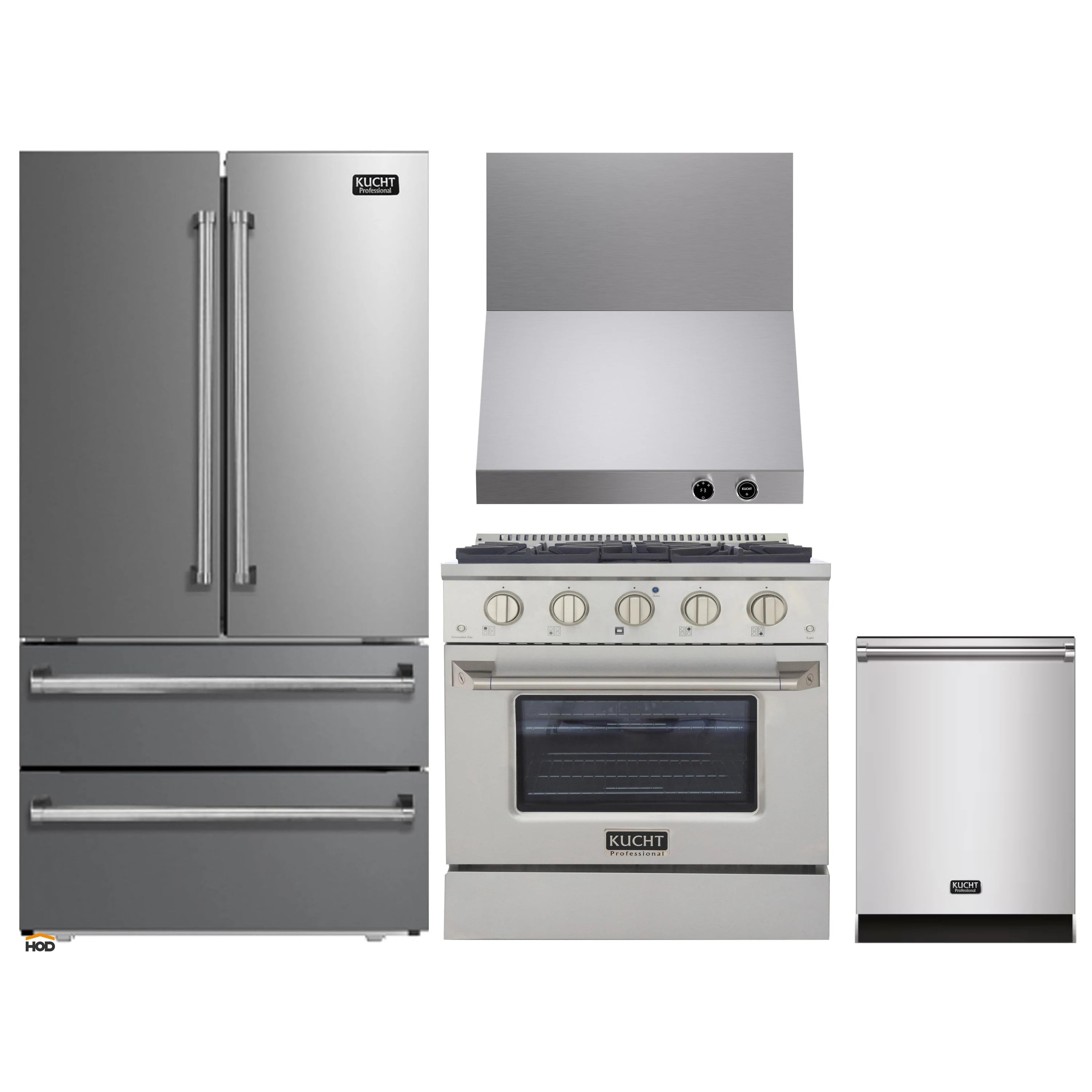 Stainless steel appliance set with refrigerator, range, and wall mount range hood