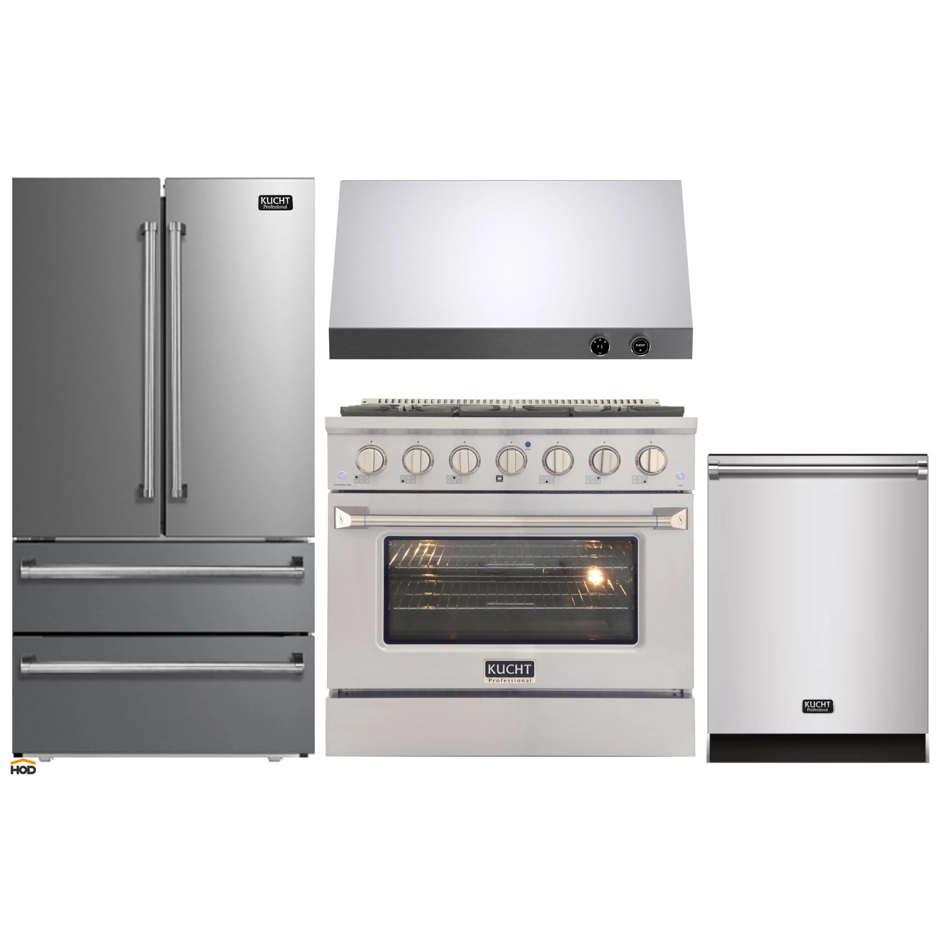 Stainless steel appliance package with range, refrigerator, dishwasher, and range hood