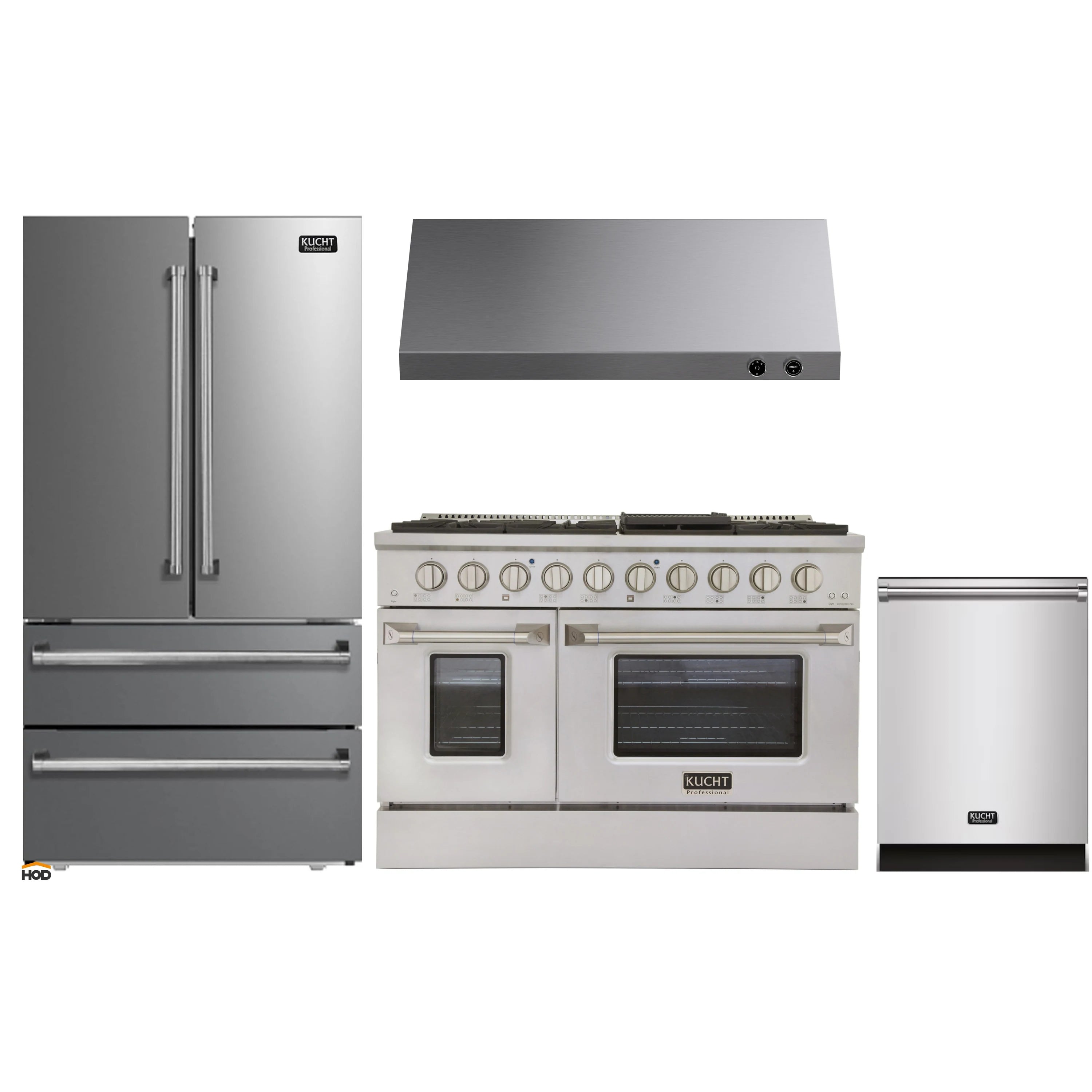 Stainless steel kitchen appliance set with refrigerator, gas range, and range hood