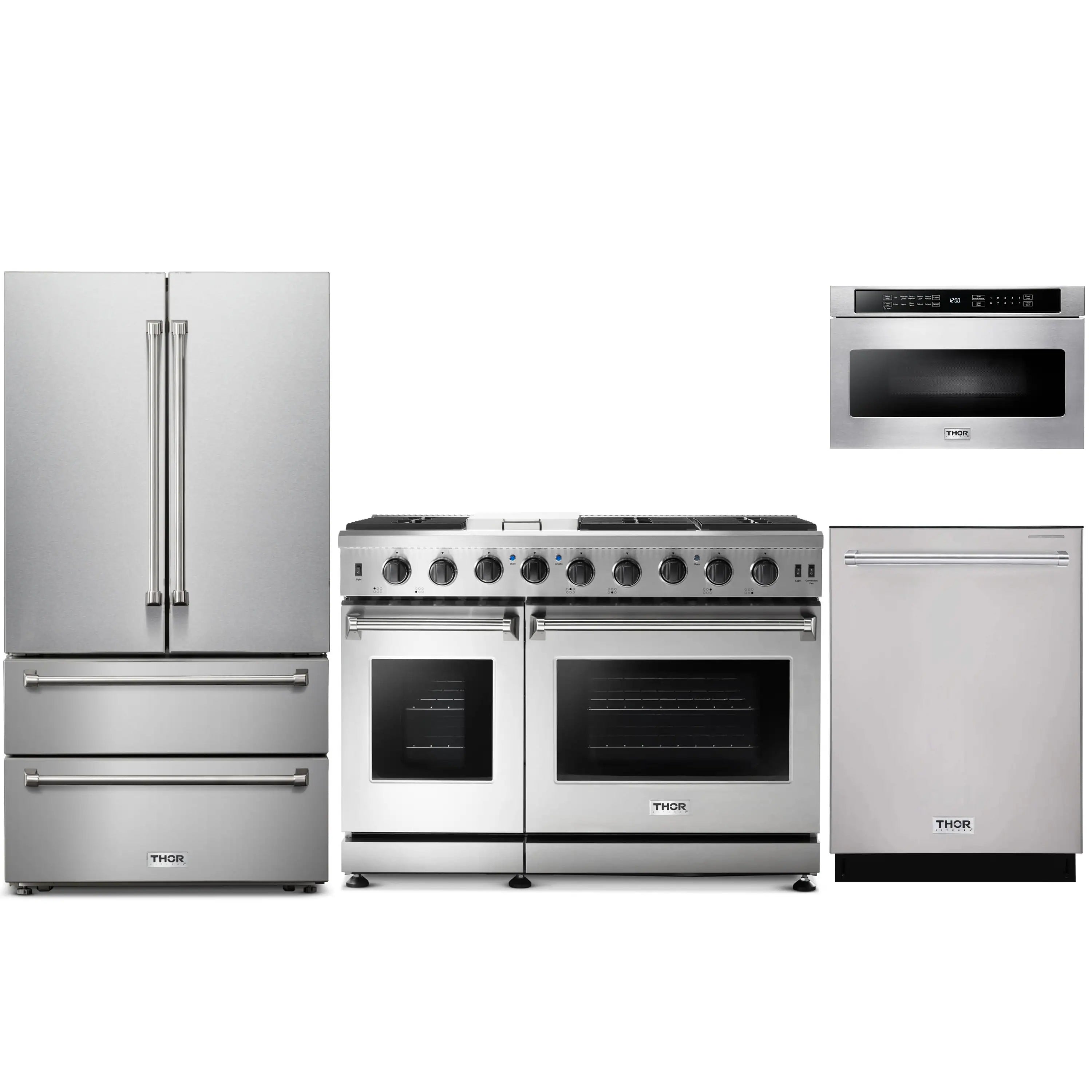 Stainless steel appliance package with refrigerator, gas range, dishwasher, microwave