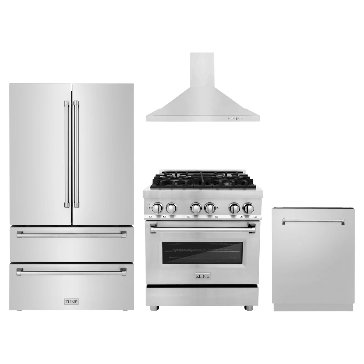 ZLINE 4-Piece Appliance Package - 30-Inch Dual Fuel Range, Refrigerator, Convertible Wall Mount Hood, and 3-Rack Dishwasher in Stainless Steel