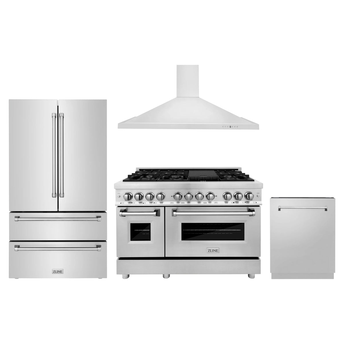 ZLINE 4-Piece Appliance Package - 48-Inch Dual Fuel Range, Refrigerator, Convertible Wall Mount Hood, and 3-Rack Dishwasher in Stainless Steel (4KPR-RARH48-DWV)