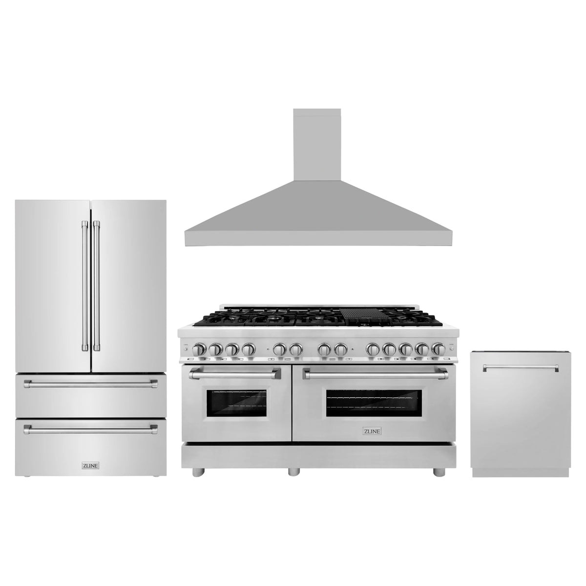 ZLINE 4-Piece Appliance Package - 60-Inch Dual Fuel Range, Refrigerator, Convertible Wall Mount Hood, and 3-Rack Dishwasher in Stainless Steel