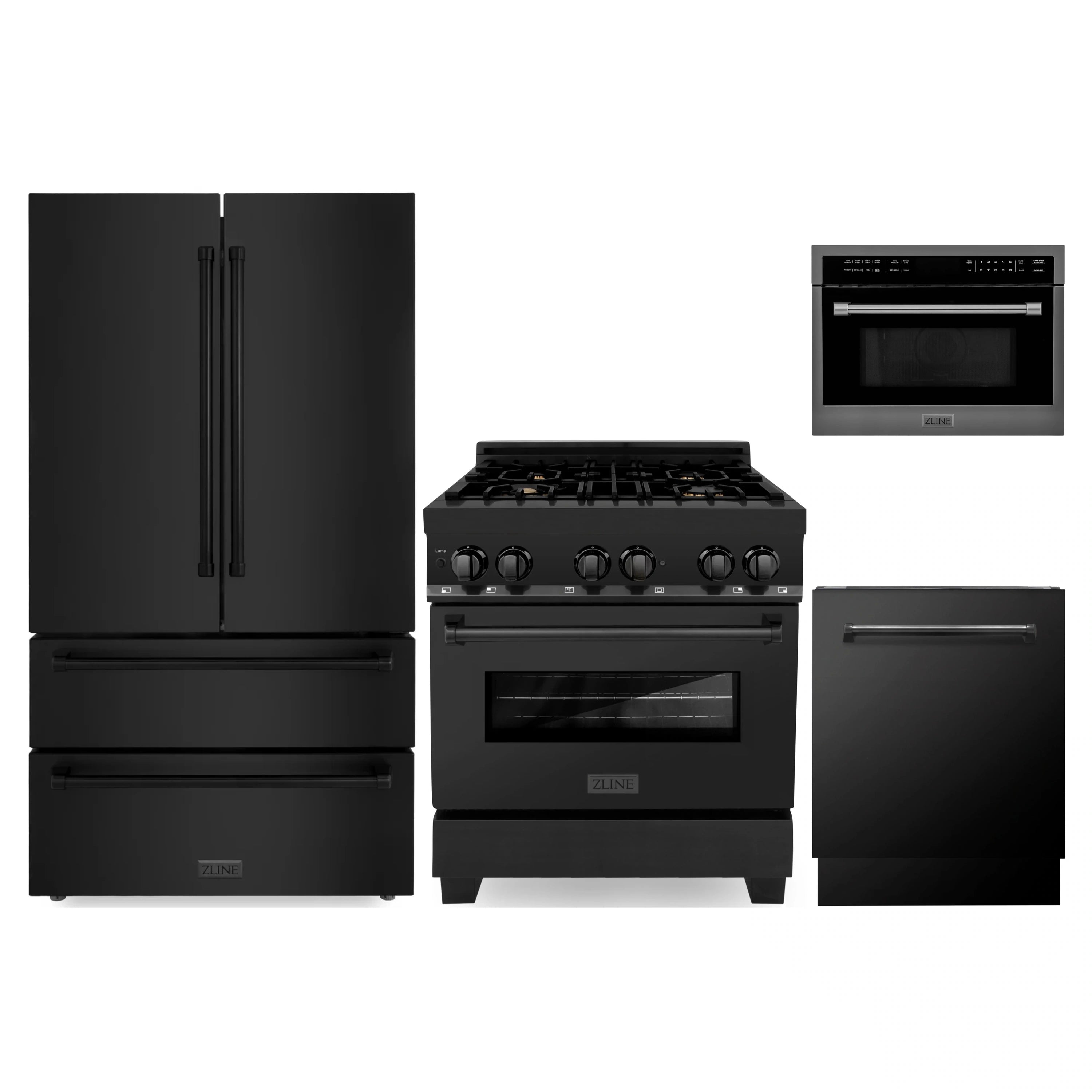 Black stainless steel 4-piece appliance package: refrigerator, range, microwave, dishwasher