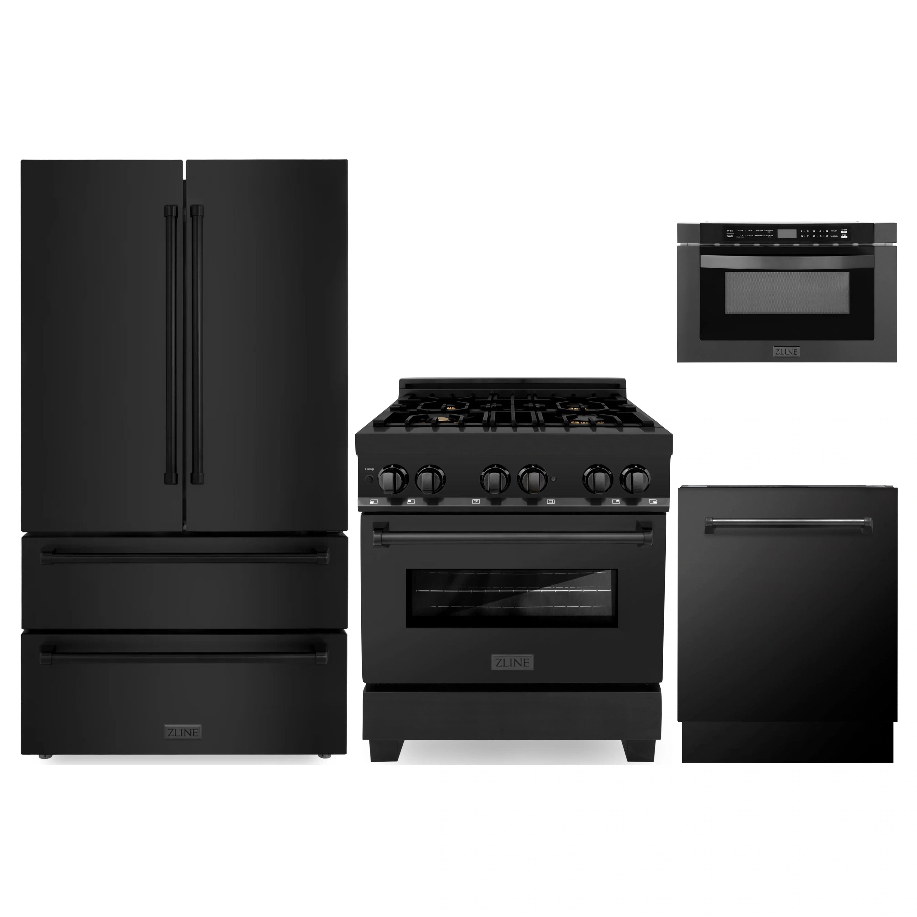 ZLINE black stainless steel 4-piece appliance package with range, microwave drawer, fridge, dishwasher
