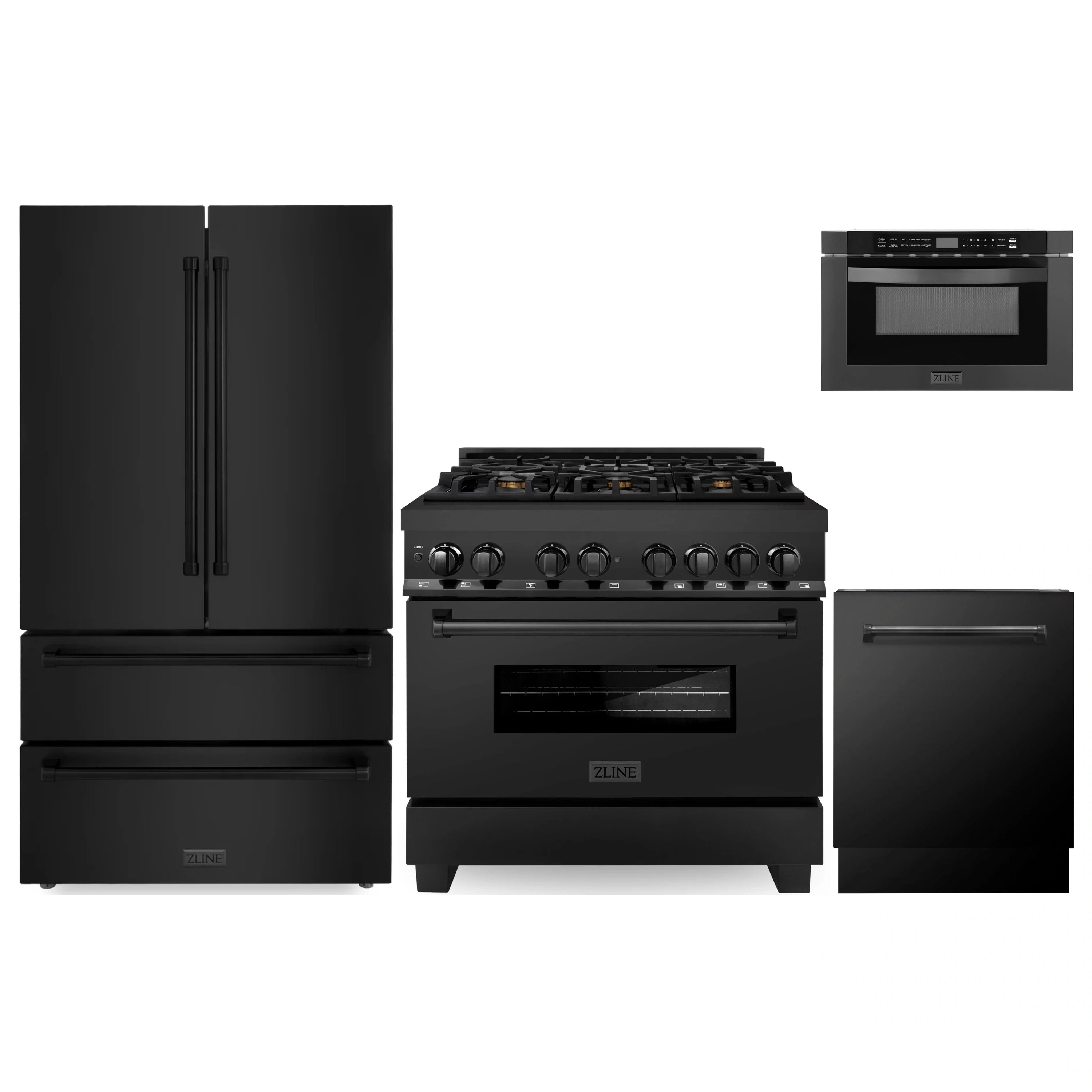 4-piece black stainless appliance bundle with range, refrigerator, dishwasher, microwave drawer