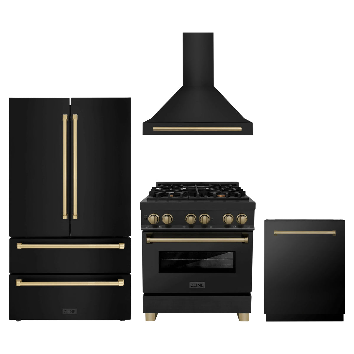 ZLINE 4-Piece Appliance Package - 30-Inch Legacy Dual Fuel Range, Wall Mount Range Hood, 36-Inch French Door Refrigerator, Dishwasher, in Black Stainless Steel with Champagne Bronze Accents