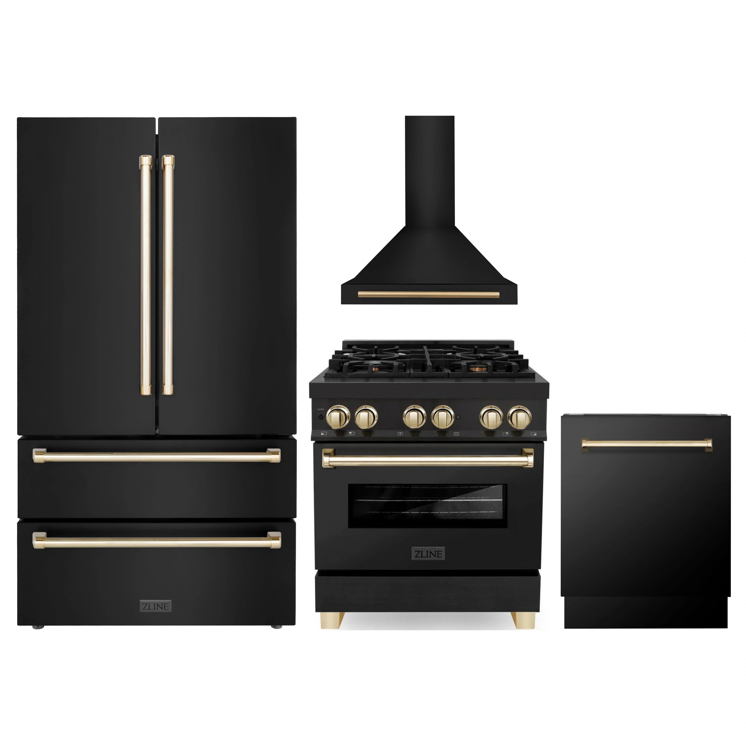 Black stainless appliance set with gold accents: refrigerator, range, hood, and dishwasher