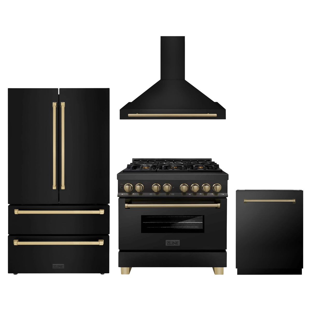 ZLINE 4-Piece Appliance Package - 36-Inch Legacy Dual Fuel Range, Wall Mount Range Hood, 36-Inch French Door Refrigerator, Dishwasher, in Black Stainless Steel with Champagne Bronze Accents