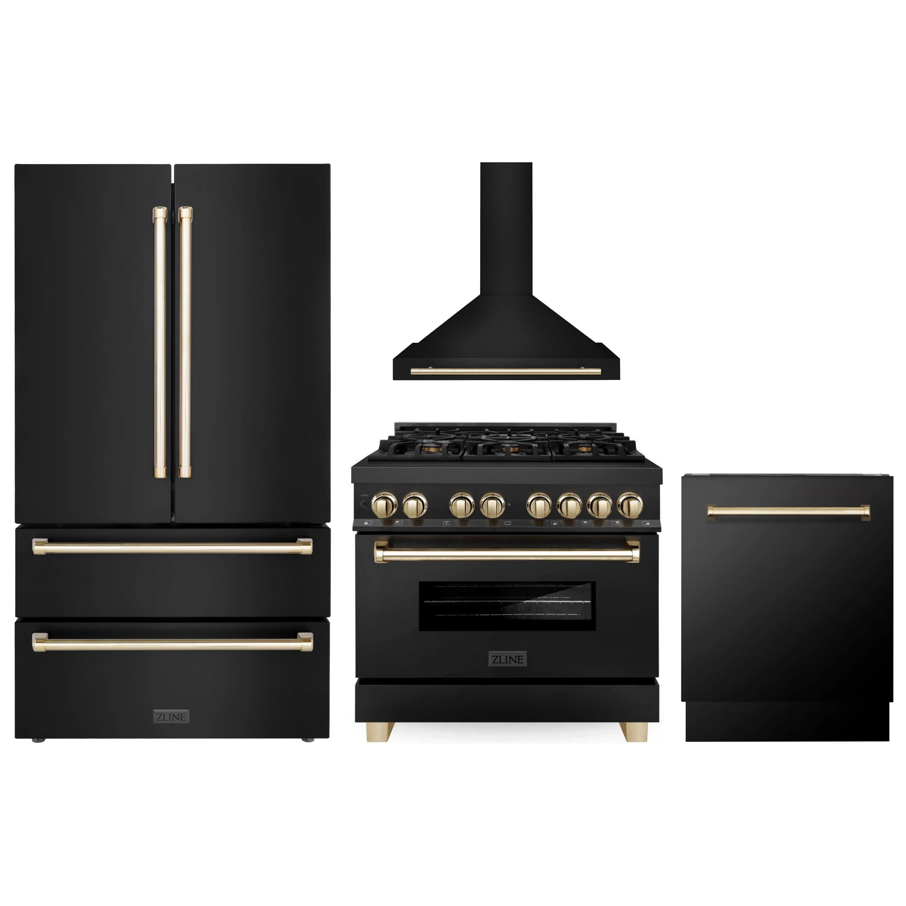 Black stainless appliance bundle with range, hood, and refrigerator doors in gold accents
