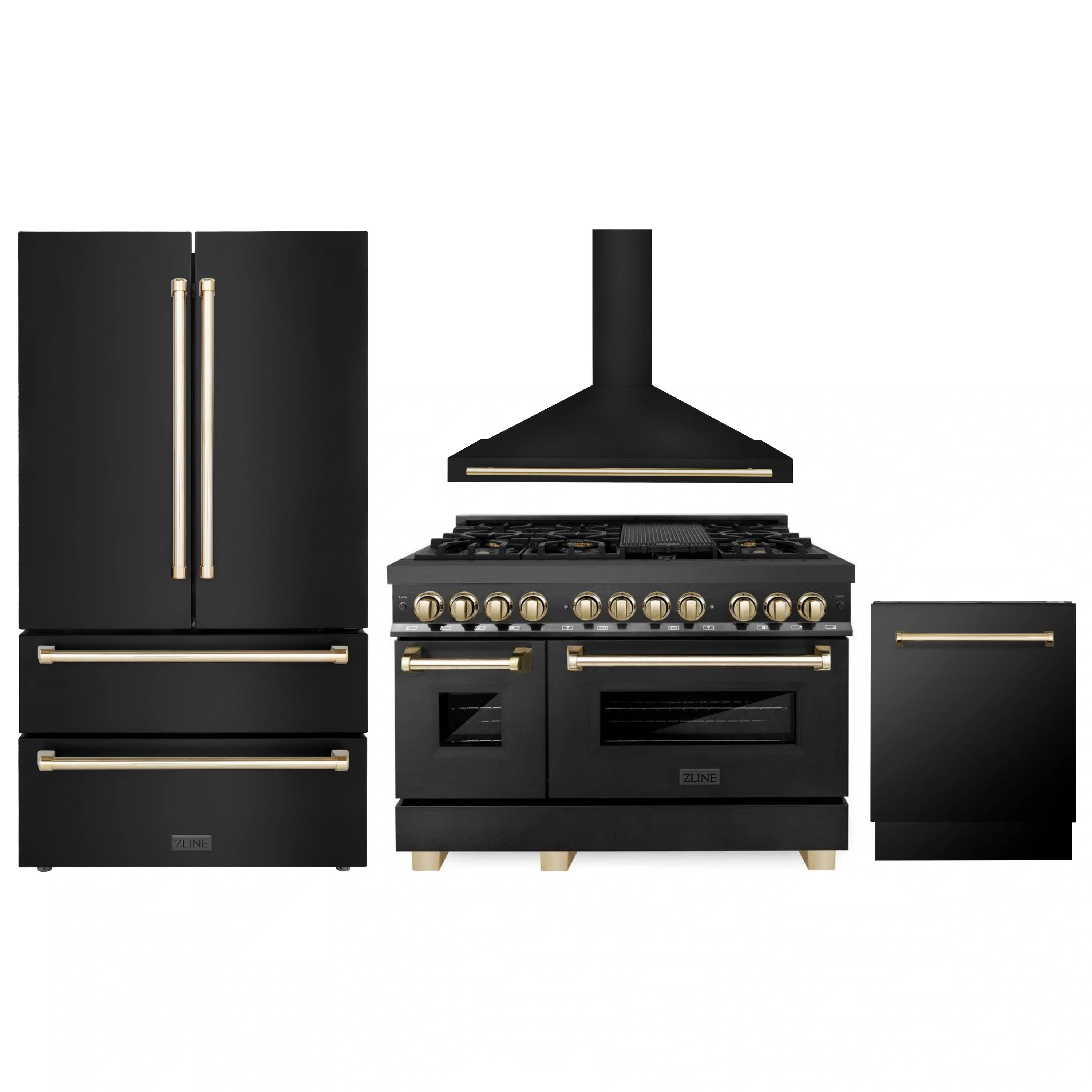 Black appliance set with gold accents, including range hood and cooking range