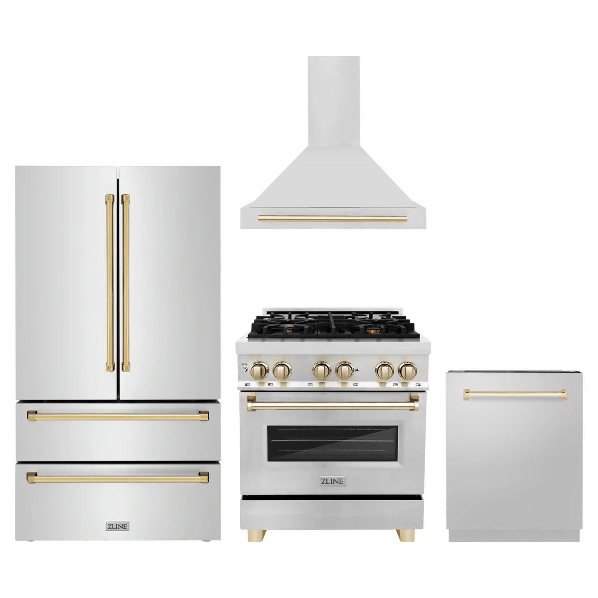 ZLINE 4-Piece Appliance Package - 30-Inch Legacy Autograph Dual Fuel Range, Wall Mount Range Hood, 36-Inch French Door Refrigerator, Dishwasher, in Stainless Steel with Gold Accents