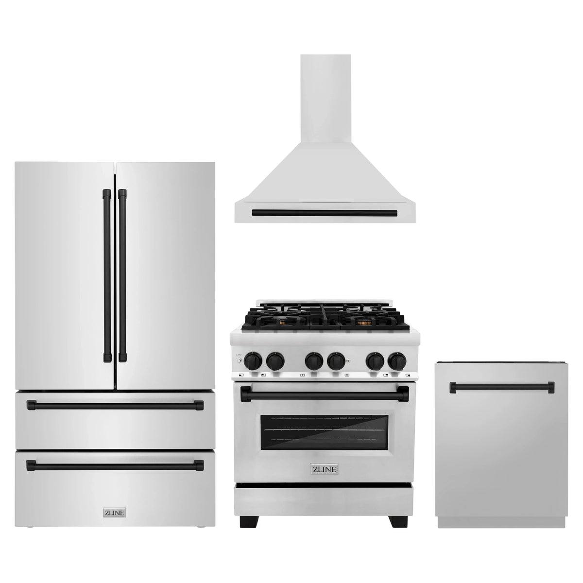 ZLINE 4-Piece Appliance Package - 30-Inch Legacy Autograph Dual Fuel Range, Wall Mount Range Hood, 36-Inch French Door Refrigerator, Dishwasher, in Stainless Steel with Matte Black Accents