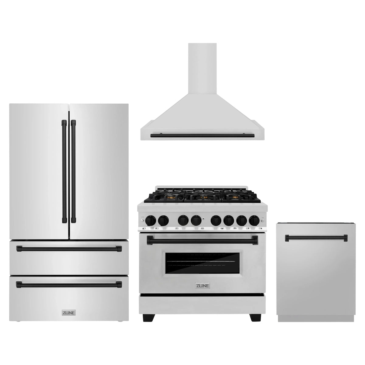 ZLINE 4-Piece Appliance Package - 36-Inch Legacy Autograph Dual Fuel Range, Wall Mount Range Hood, 36-Inch French Door Refrigerator, Dishwasher, in Stainless Steel with Matte Black Accents