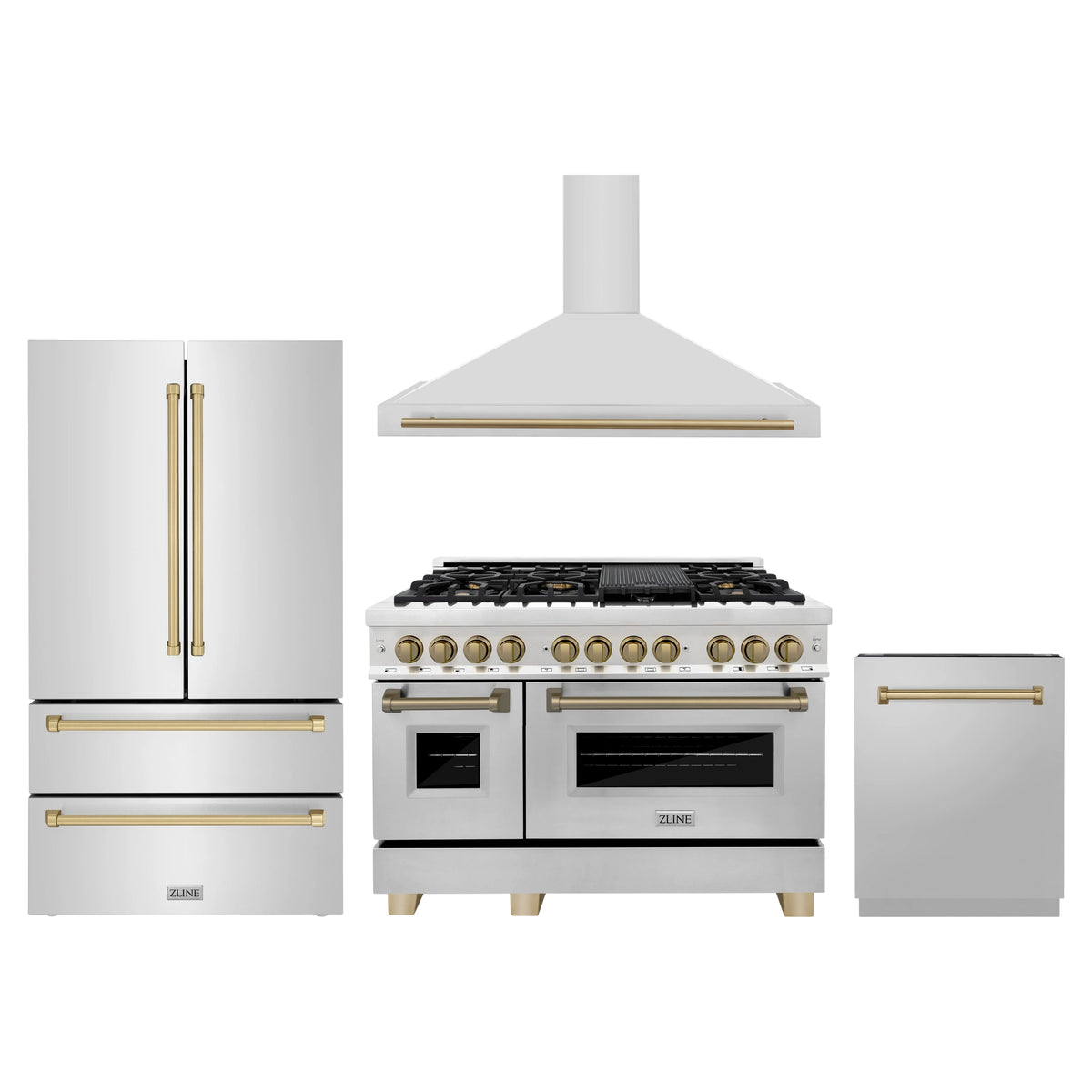 ZLINE 4-Piece Appliance Package - 48-Inch Legacy Autograph Dual Fuel Range, Wall Mount Range Hood, 36-Inch French Door Refrigerator, Dishwasher, in Stainless Steel with Champagne Bronze Accents