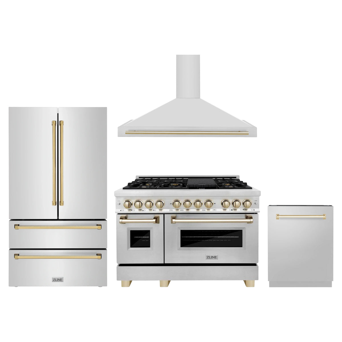 ZLINE 4-Piece Appliance Package - 48-Inch Legacy Autograph Dual Fuel Range, Wall Mount Range Hood, 36-Inch French Door Refrigerator, Dishwasher, in Stainless Steel with Gold Accents