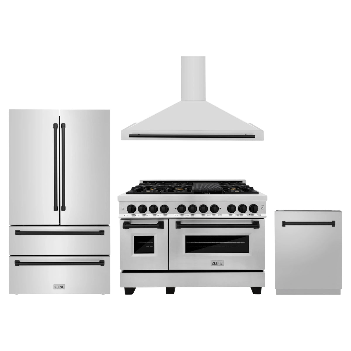 ZLINE 4-Piece Appliance Package - 48-Inch Legacy Autograph Dual Fuel Range, Wall Mount Range Hood, 36-Inch French Door Refrigerator, Dishwasher, in Stainless Steel with Matte Black Accents