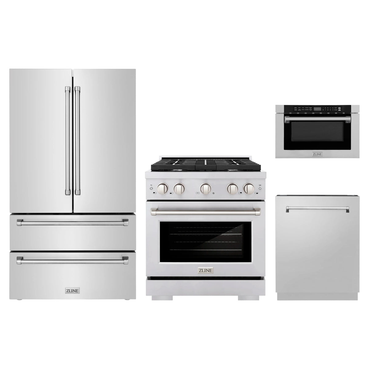 ZLINE 4-Piece Appliance Package - 30-Inch Paramount Dual Fuel Range, Refrigerator, Dishwasher, and 24-Inch Microwave Drawer in Stainless Steel