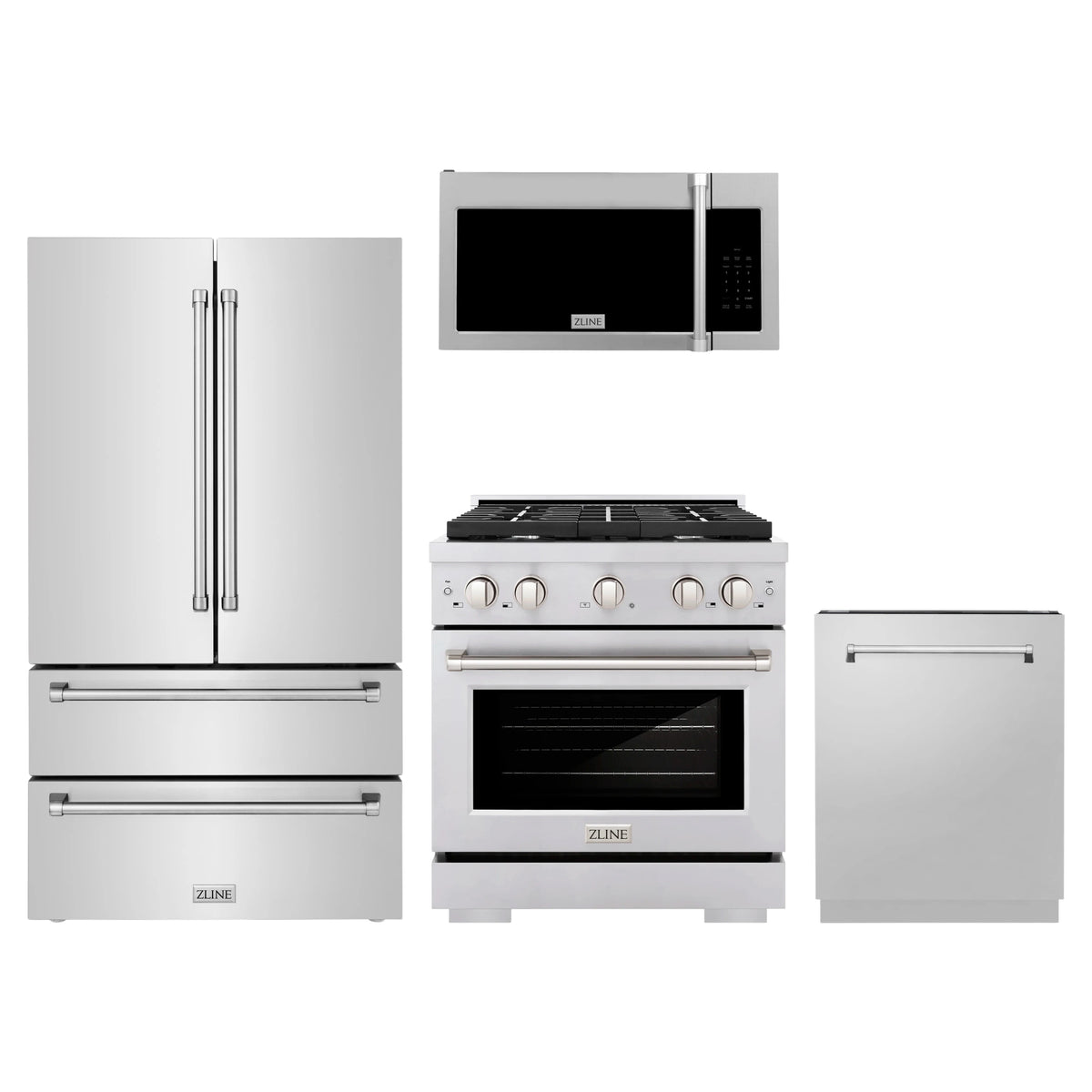 ZLINE 4-Piece Appliance Package - 30-Inch Paramount Dual Fuel Range, Refrigerator, Tall Tub Dishwasher & Over-the-Range Microwave in Stainless Steel