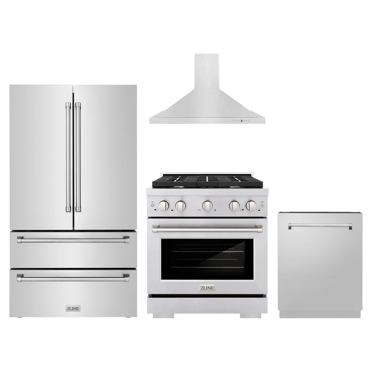 ZLINE 4-Piece Appliance Package - 30-Inch Paramount Dual Fuel Range, Wall Mount Range Hood, 36-Inch French Door Refrigerator, Dishwasher, in Stainless Steel