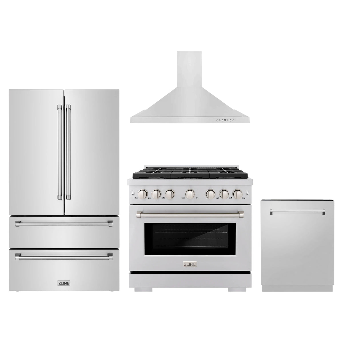 ZLINE 4-Piece Appliance Package - 36-Inch Paramount Dual Fuel Range, Wall Mount Range Hood, 36-Inch French Door Refrigerator, Dishwasher, in Stainless Steel