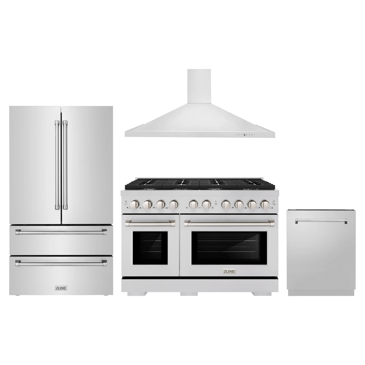 ZLINE 4-Piece Appliance Package - 48-Inch Paramount Dual Fuel Range, Wall Mount Range Hood, 36-Inch French Door Refrigerator, Dishwasher, in Stainless Steel