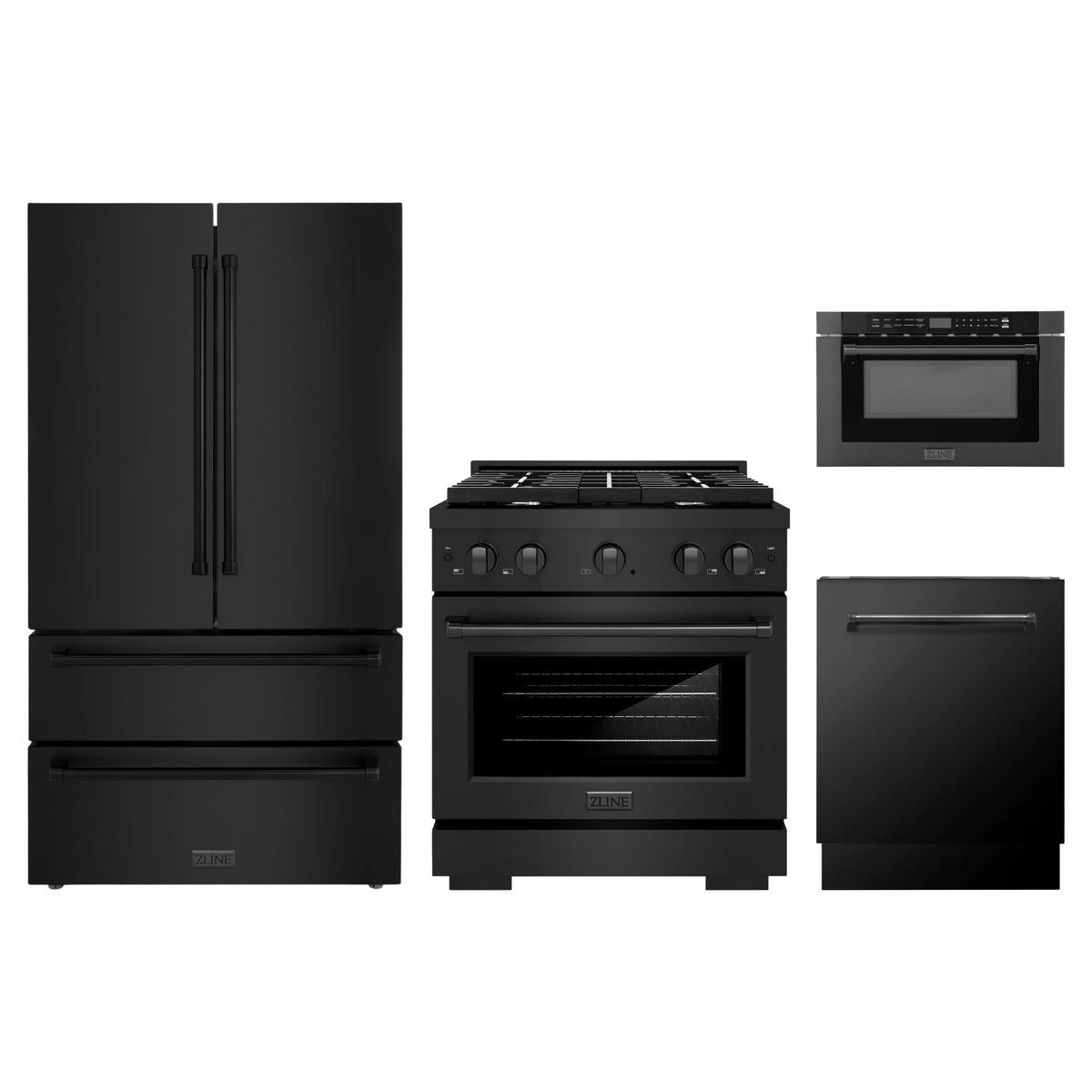ZLINE 4-Piece Appliance Package - 30-Inch Paramount Dual Fuel Range, Refrigerator, Dishwasher, and 24-Inch Microwave Drawer in Black Stainless Steel