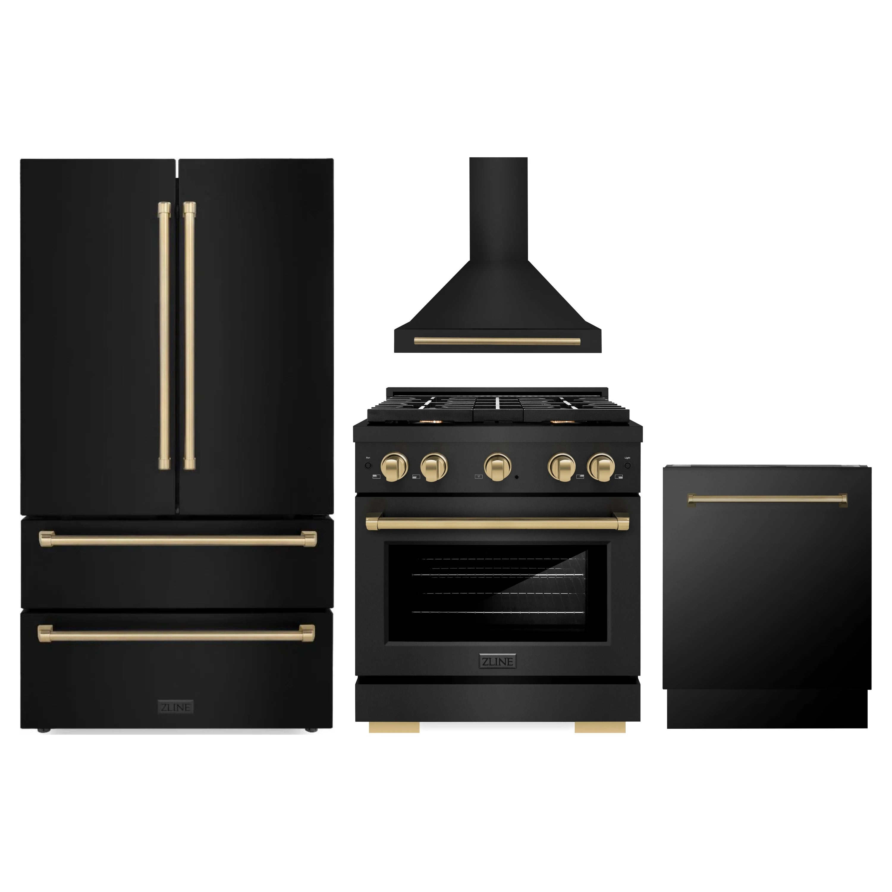 Black kitchen appliance set with champagne bronze accented range and hood