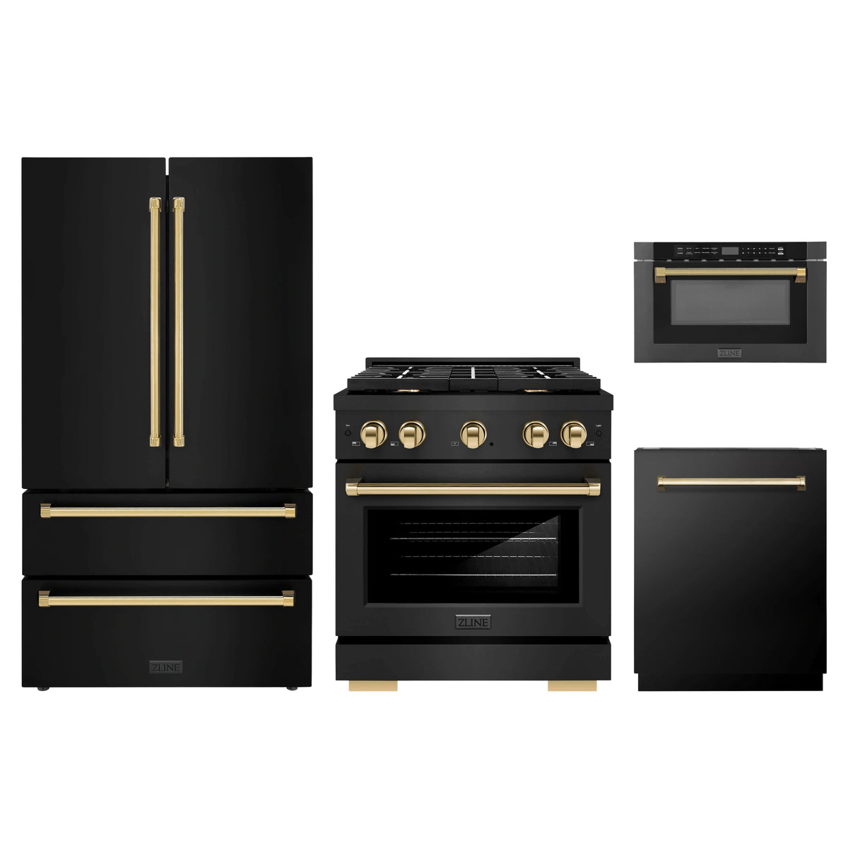 ZLINE 4-Piece Appliance Package - 30-Inch Paramount Dual Fuel Range, Refrigerator, Dishwasher, and 24-Inch Microwave Drawer in Black Stainless Steel with Gold Accents
