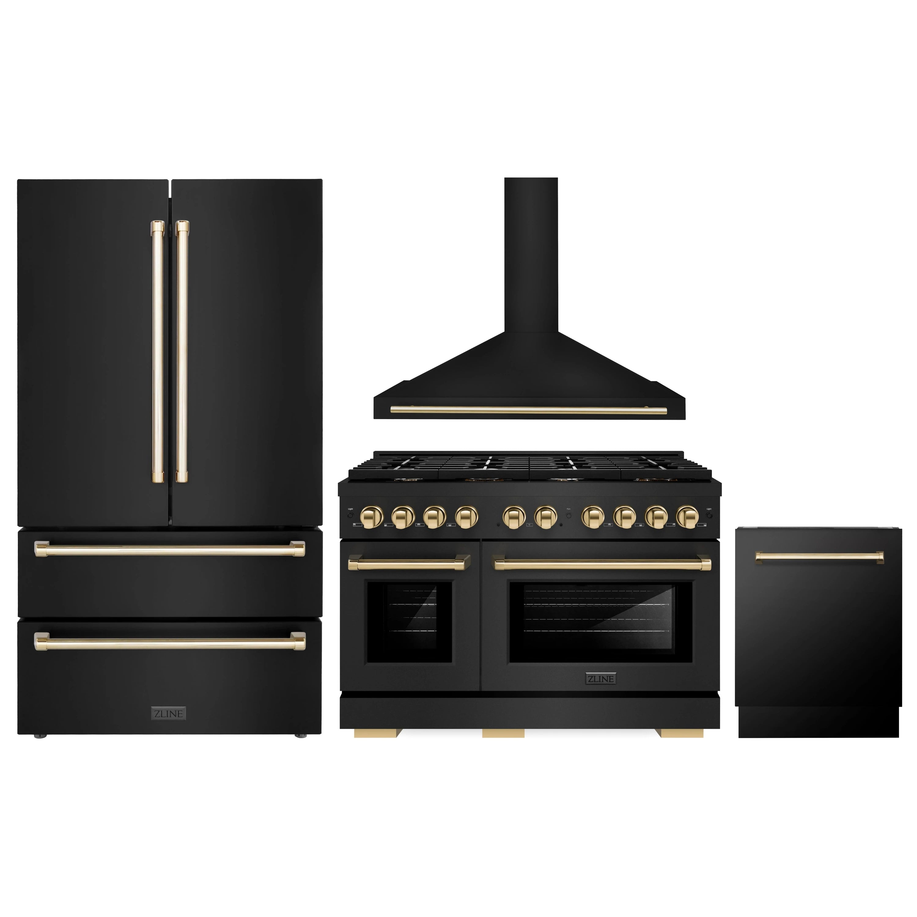 Black stainless appliance package with gold accents: refrigerator, dual-fuel range, hood, dishwasher