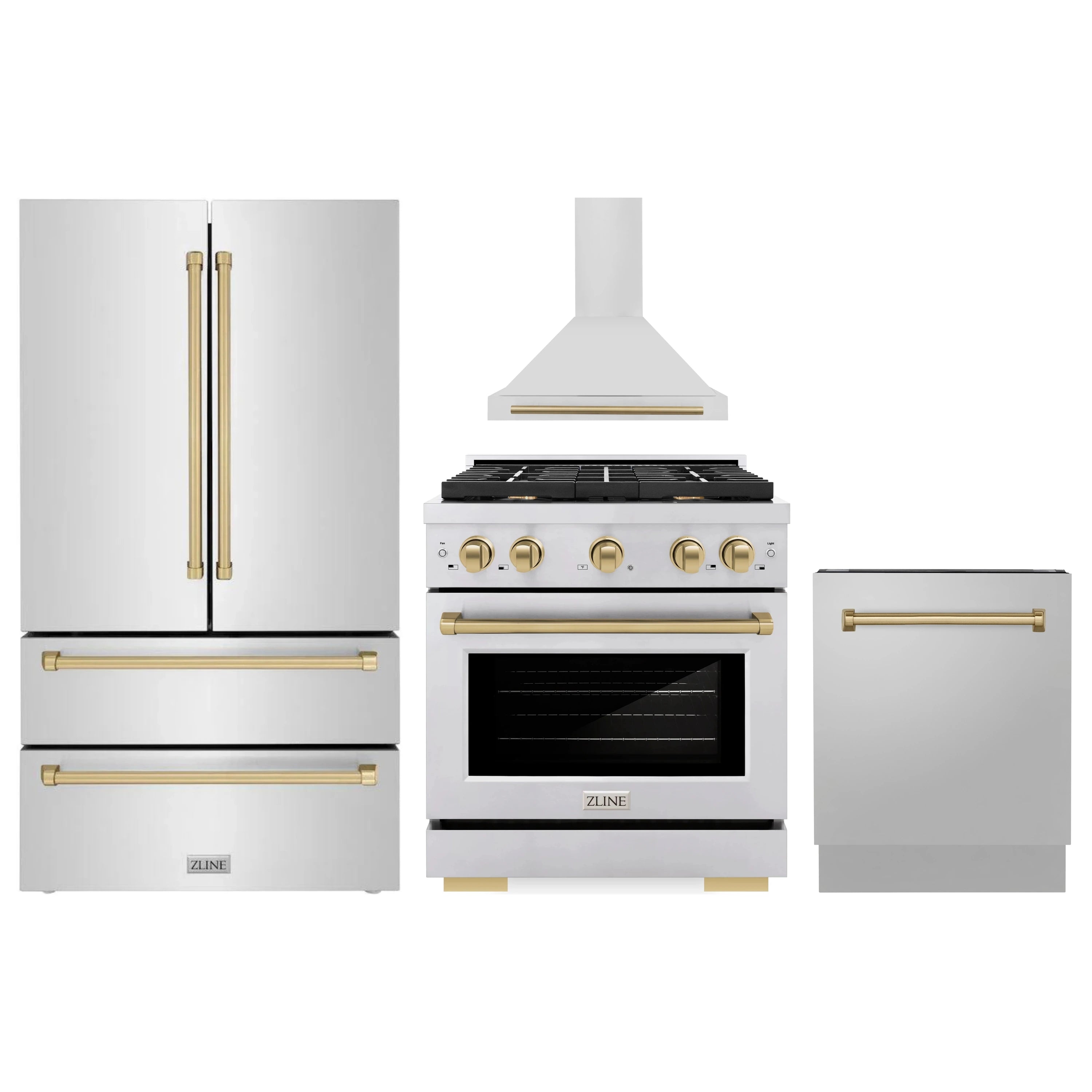Kitchen appliance package with stainless steel range, wall hood, and refrigerator doors