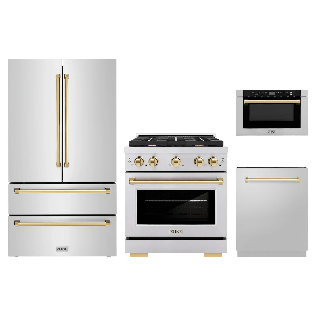 ZLINE 4-Piece Appliance Package - 30-Inch Paramount Dual Fuel Range, Refrigerator, Dishwasher, and 24-Inch Microwave Drawer in Stainless Steel with Gold Accents