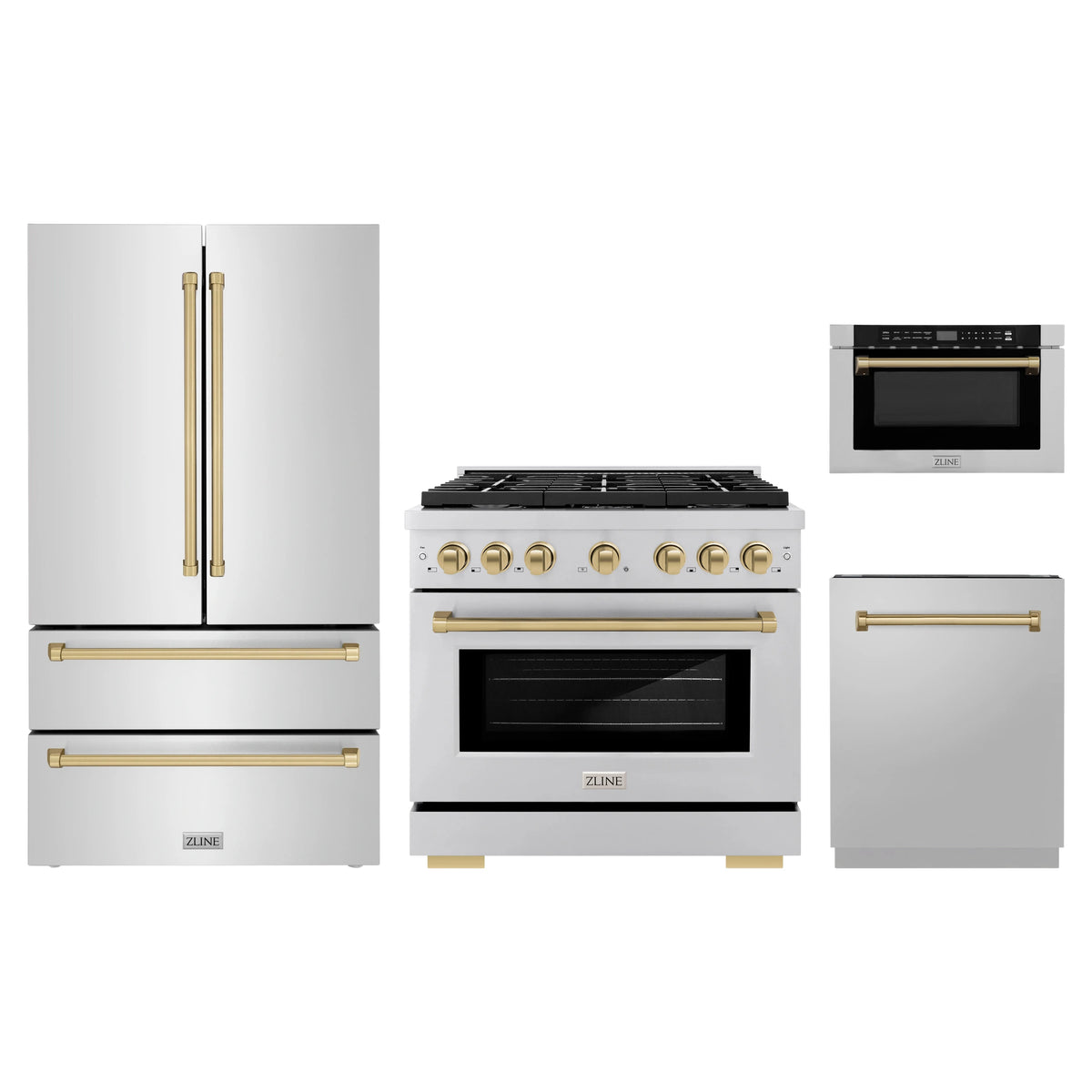 ZLINE 4-Piece Appliance Package - 36-Inch Paramount Dual Fuel Range, Refrigerator, Dishwasher, and 24-Inch Microwave Drawer in Stainless Steel with Champagne Bronze Accents