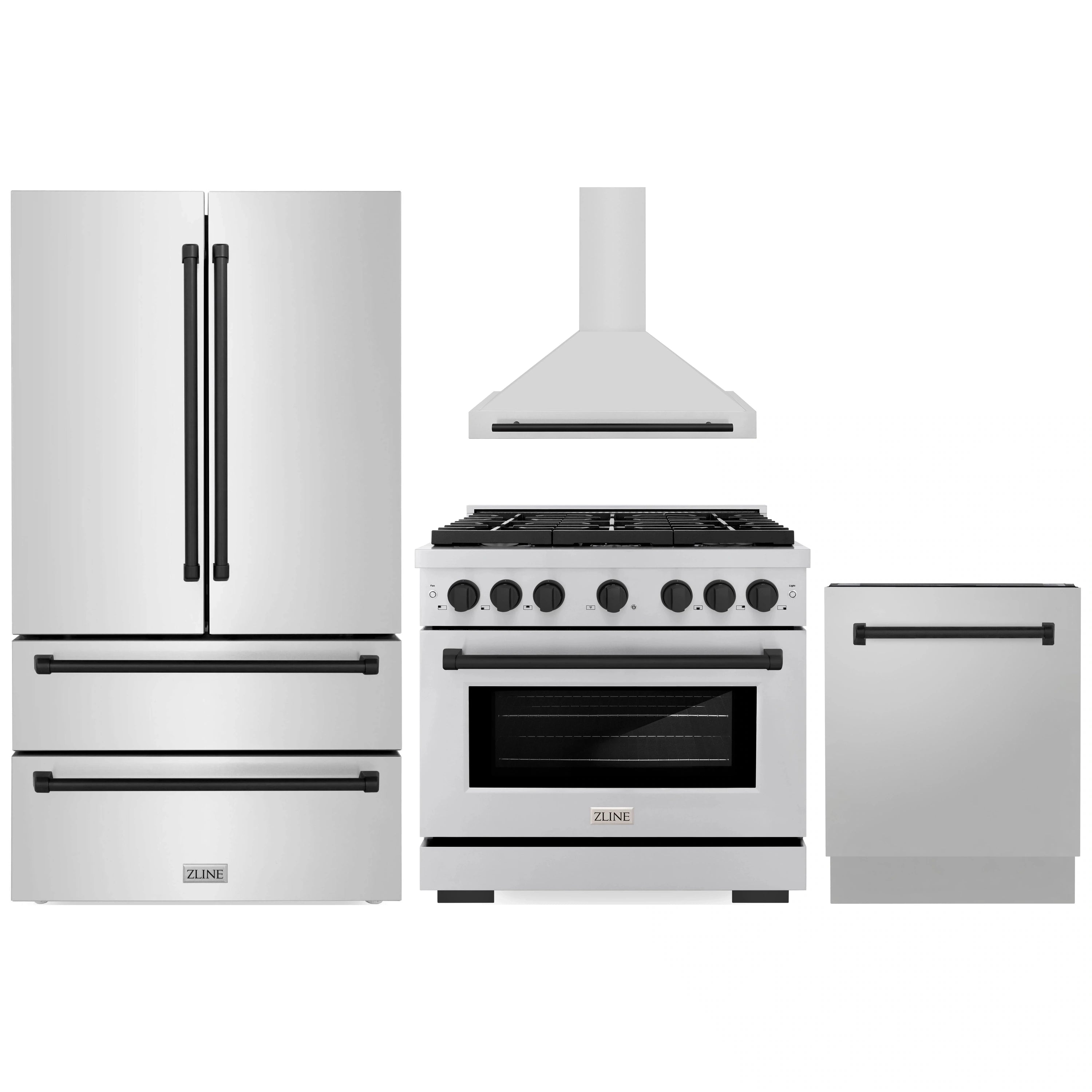 Stainless steel appliance set with dual fuel range, wall hood, and refrigerator doors