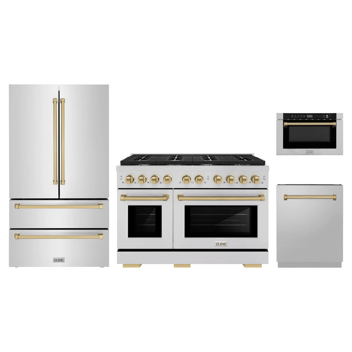 ZLINE 4-Piece Appliance Package - 48-Inch Paramount Dual Fuel Range, Refrigerator, Dishwasher, and 24-Inch Microwave Drawer in Stainless Steel with Champagne Bronze Accents