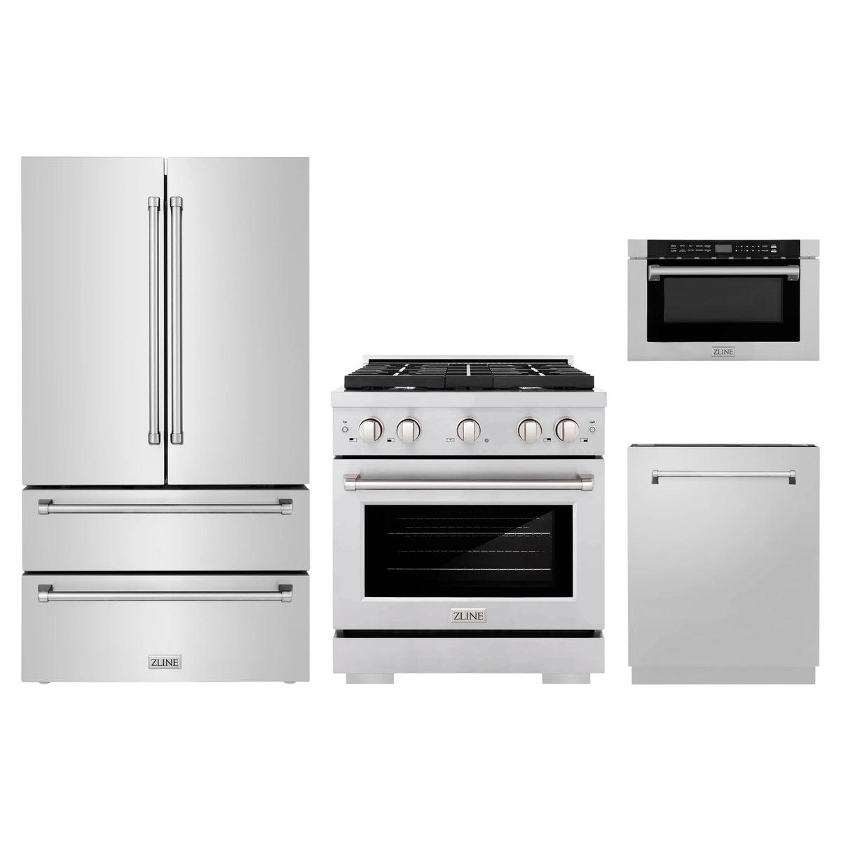 ZLINE 4-Piece Appliance Package - 30-Inch Paramount Gas Range, Refrigerator, Dishwasher, and 24-Inch Microwave Drawer in Stainless Steel