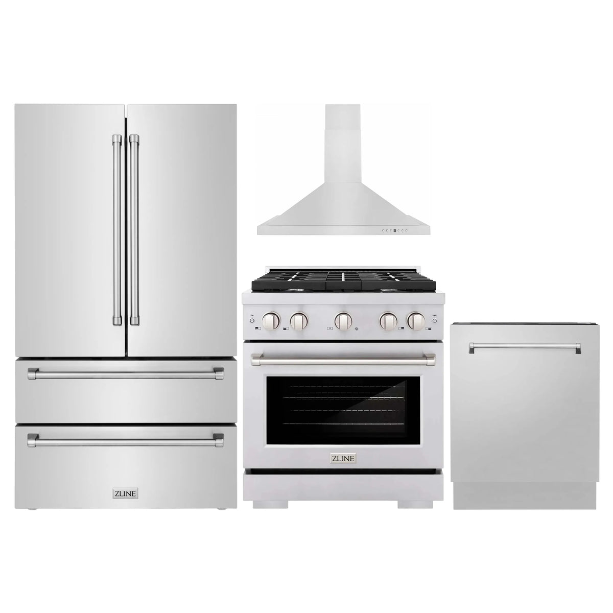 ZLINE 4-Piece Appliance Package - 30-Inch Gas Range, Refrigerator, Convertible Wall Mount Hood, and 3-Rack Dishwasher in Stainless Steel (4KPR-SGRRH30-DWV)